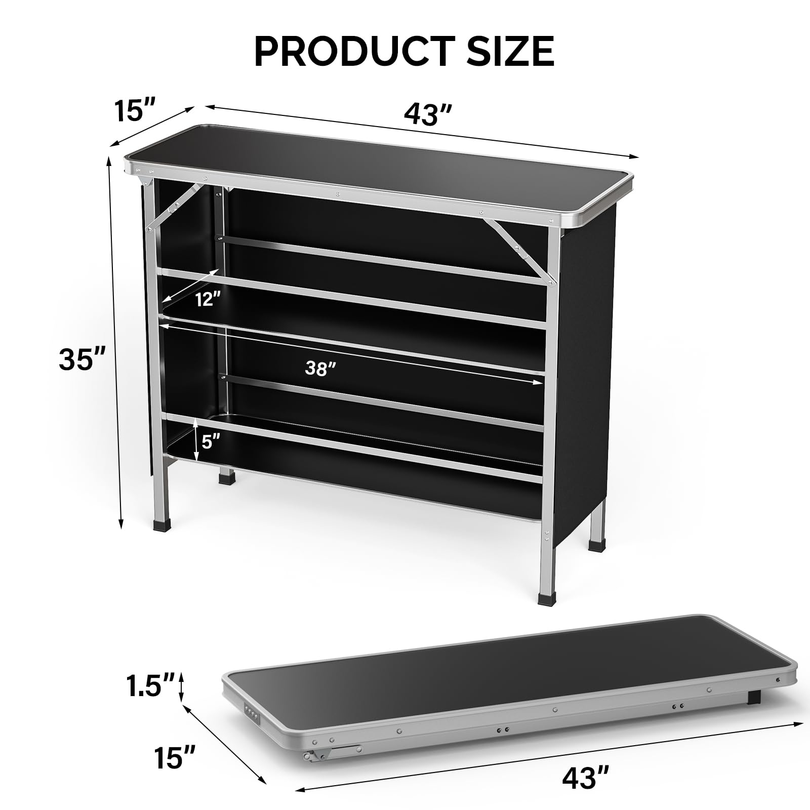 Vingli 43' Portable Bar Table, 3-Tier Shelves, Carry Bag,Mobile Bar Table For Events, Party, Camping, Picnic, Tradeshow, Outdoor & Indoor With Black Skirt(2, 43') (2) (Black-1P, 43')