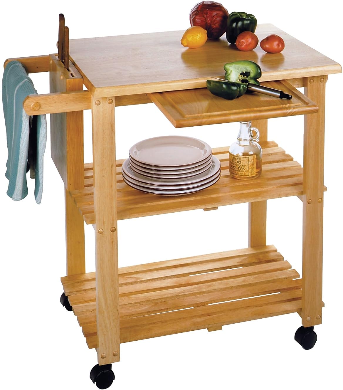 Winsome Wood Kitchen Cart With Cutting Board, Knife Block and Shelves, Beech