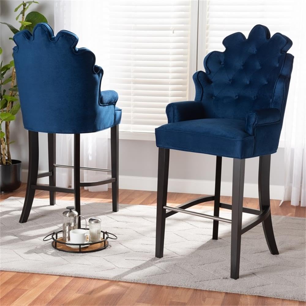 Baxton Studio Chloe Modern and Contemporary Navy Blue Velvet Upholstered and Dark Brown Finished Wood 2-Piece Bar Stool Set