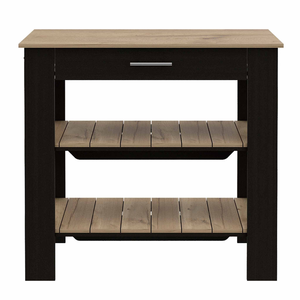 HomeRoots Black - Light Oak Particle Board Light Oak and Black Kitchen Island with Drawer and Two Open Shelves