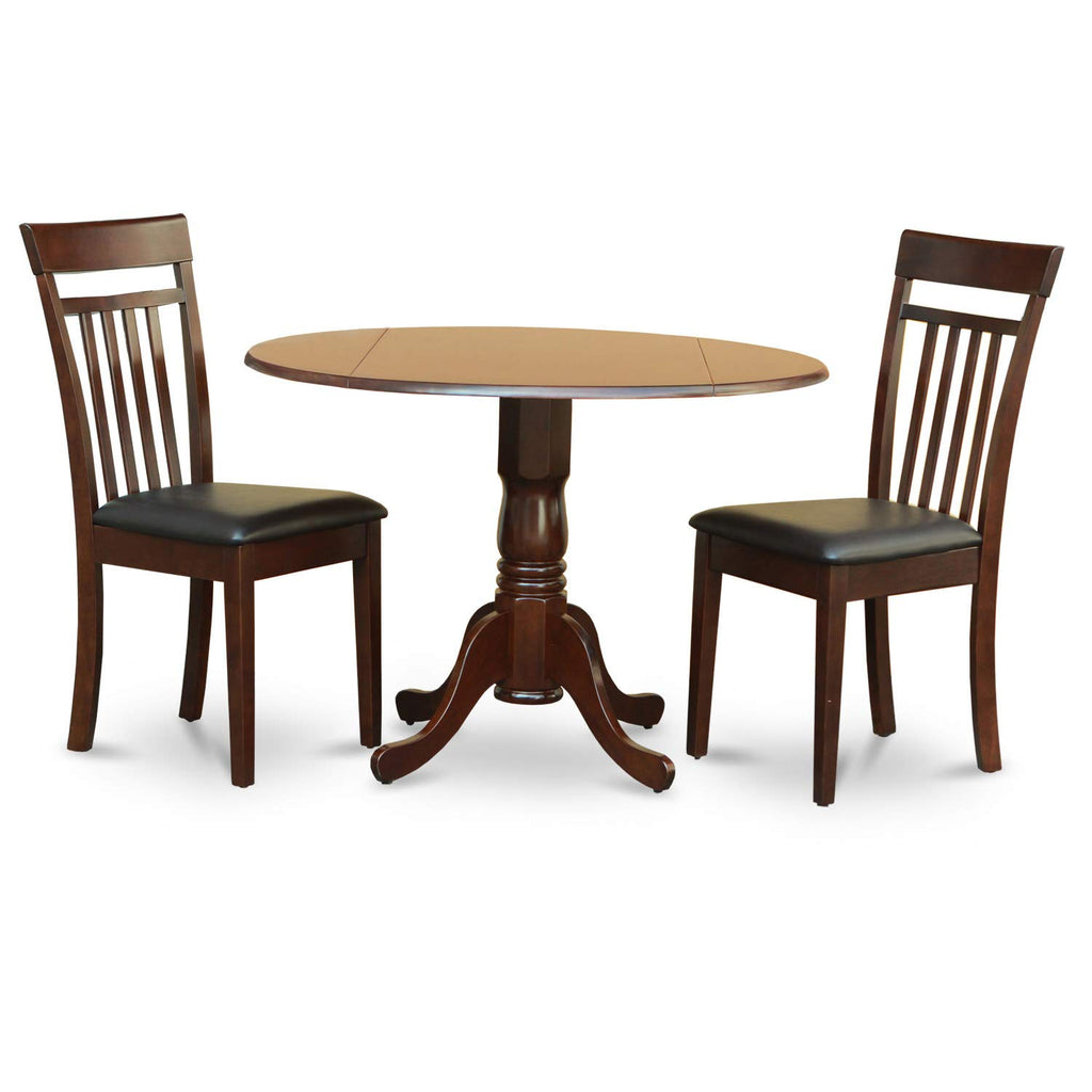 East West Furniture DLCA3-MAH-LC Dublin 3 Piece Set Contains a Round Dining Table with Dropleaf and 2 Faux Leather Kitchen Room Chairs, 42x42 Inch, Mahogany