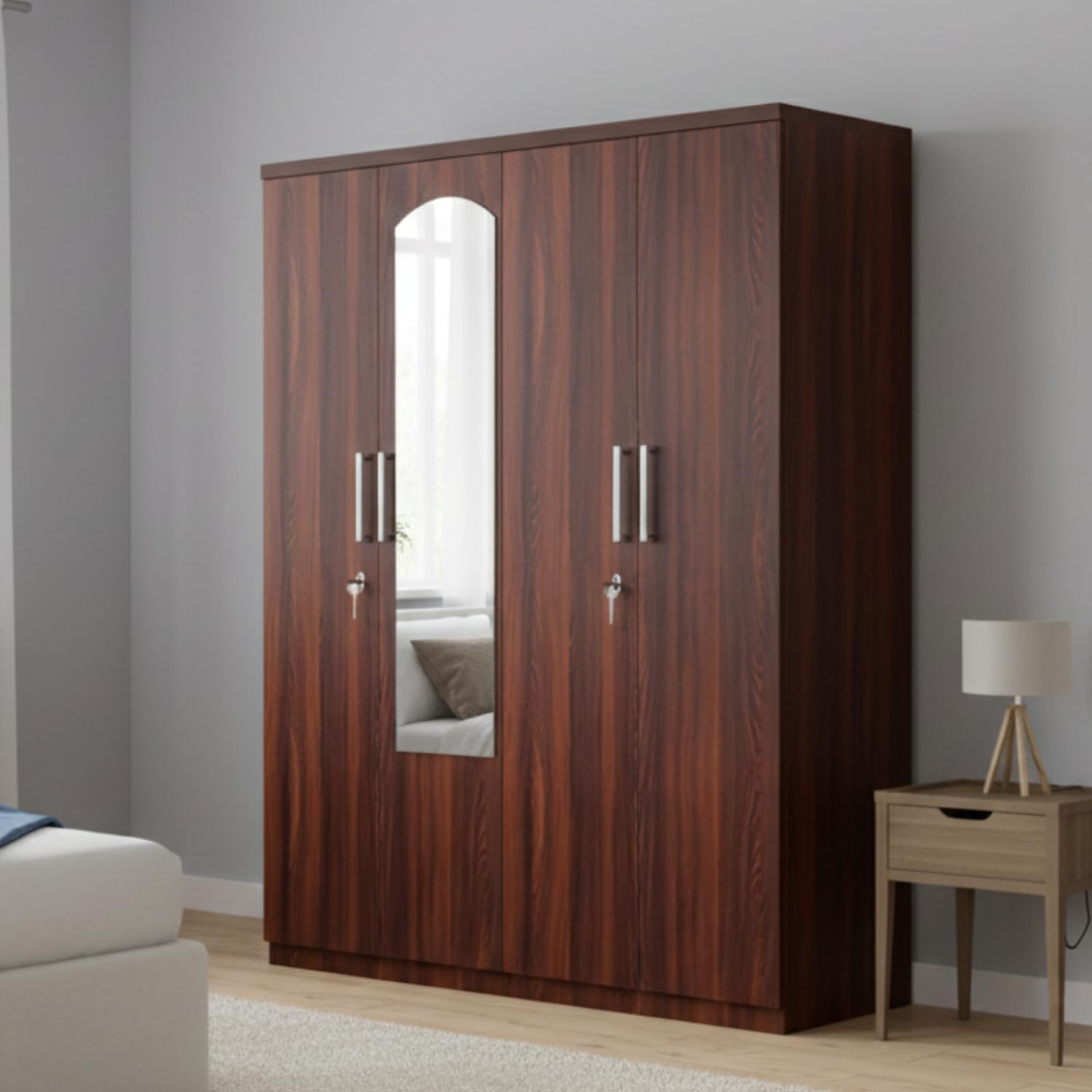 Caspian Engineered Wood Four Door Wooden Wardrobe (Streak Texture) | Furniture With Dressing Mirror | Cupboard/Almirah For Bedro