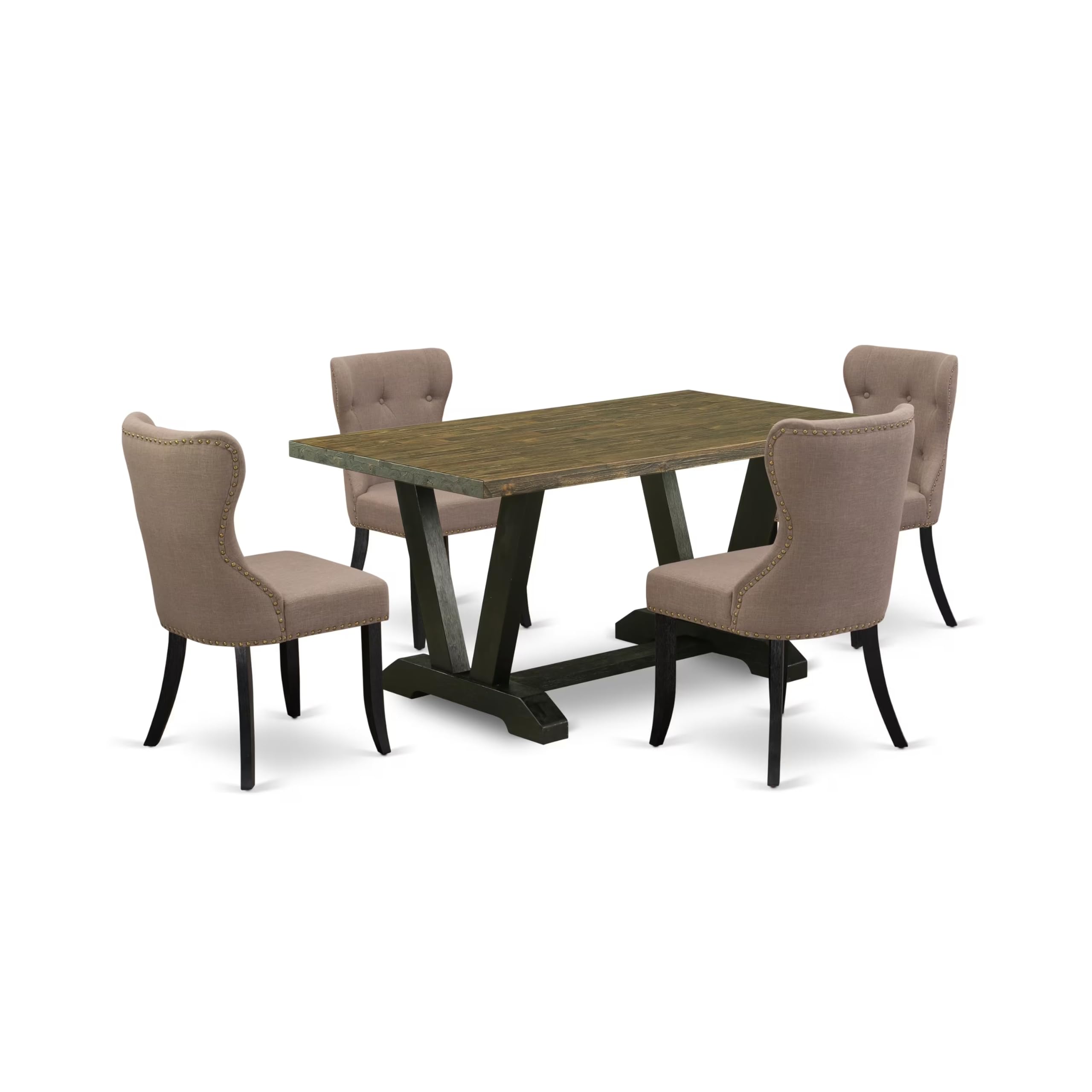 East West Furniture V676Si648-5 5 Piece Modern Dining Table Set Includes A Rectangle Wooden Table With V-Legs And 4 Coffee Linen Fabric Parson Dining Chairs, 36X60 Inch, Multi-Color