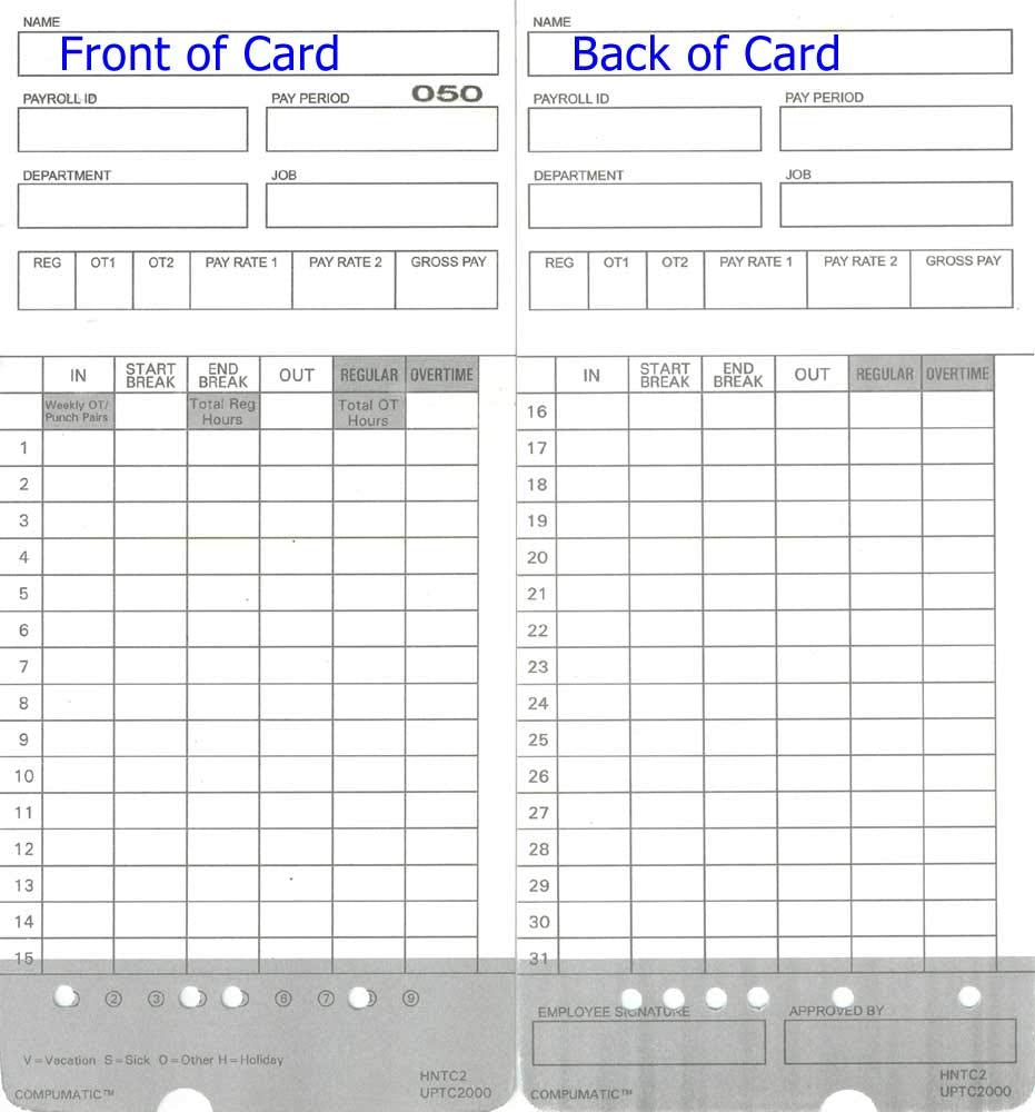 50 Time Cards For Upunch Hn2000, Hn2500, Hn4000, Hn4500 Autoalign Calculating Time Clock And More Hntc2 Uptc2000 Compumatic Comp