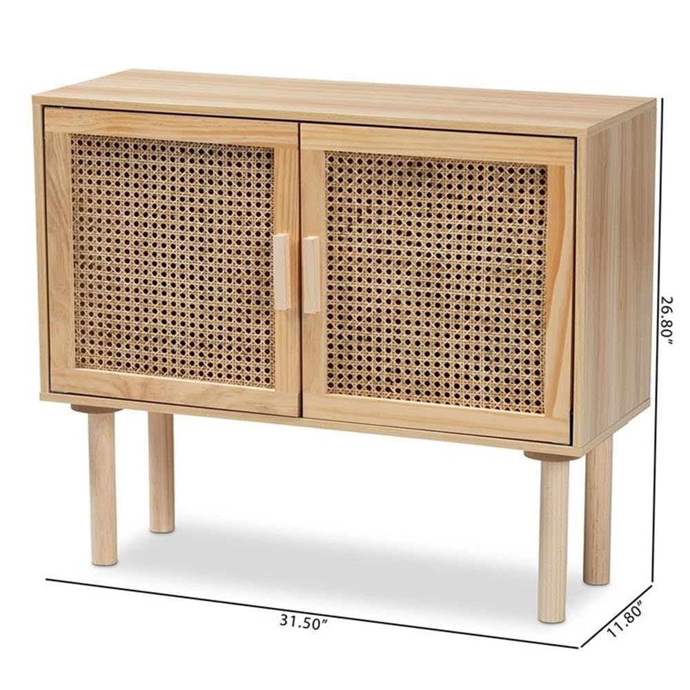 Baxton Studio Maclean Mid-Century Modern Rattan and Natural Brown Finished Wood 2-Door Sideboard Buffet