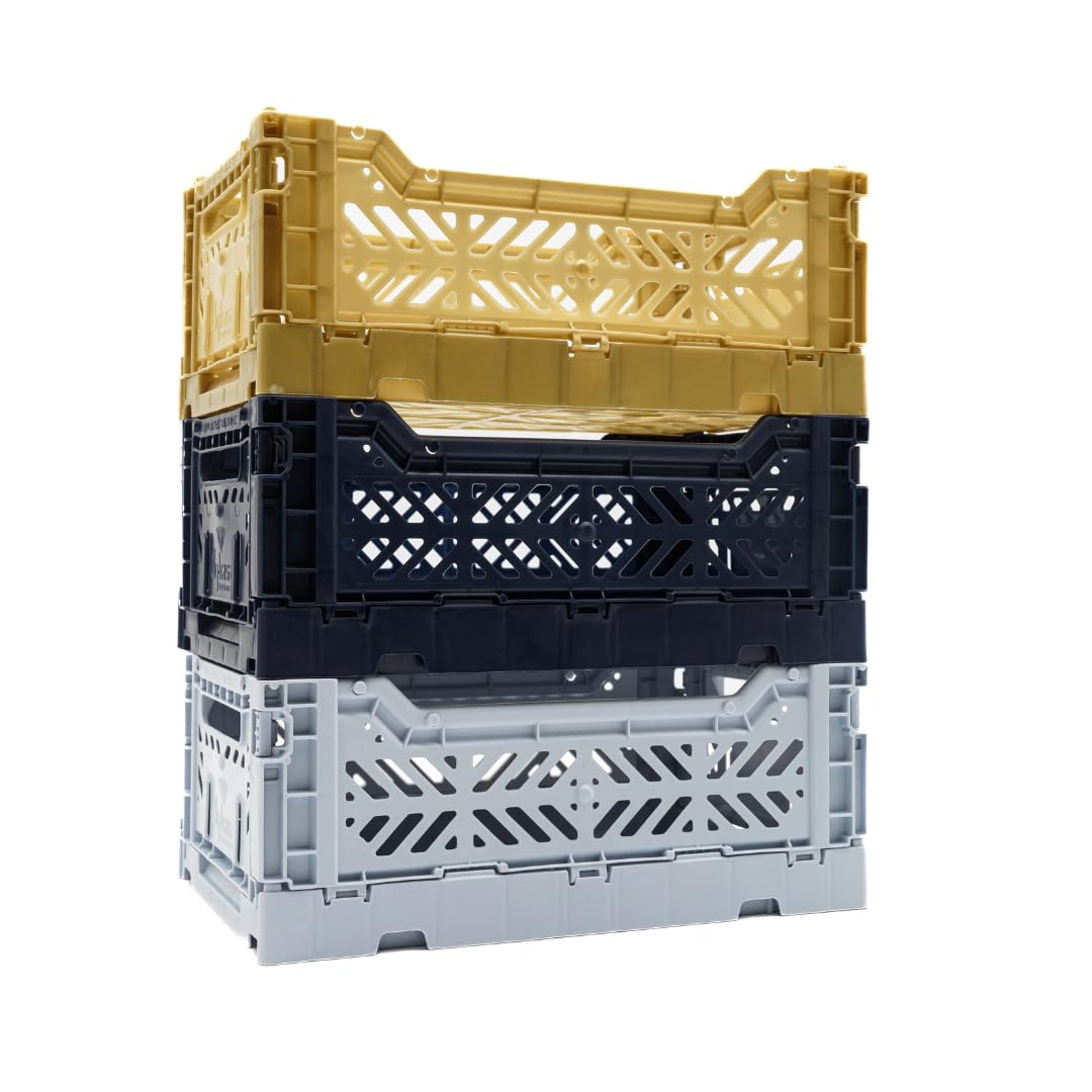 Collapsible Storage Box, Foldable Crate Organizer Bin With Handle, Stackable Crates For Home Organization (Blue-Gold-Navy, 4L -