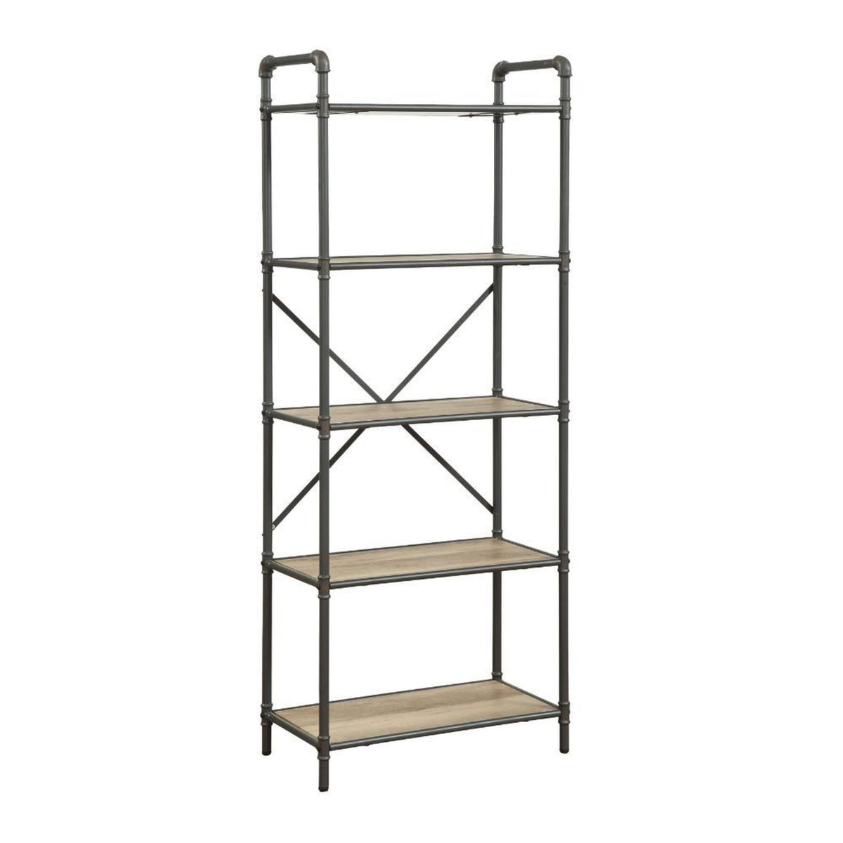 Benjara Benzara Five-Tier Metal Bookshelf With Wooden Shelves, Brown And Gray