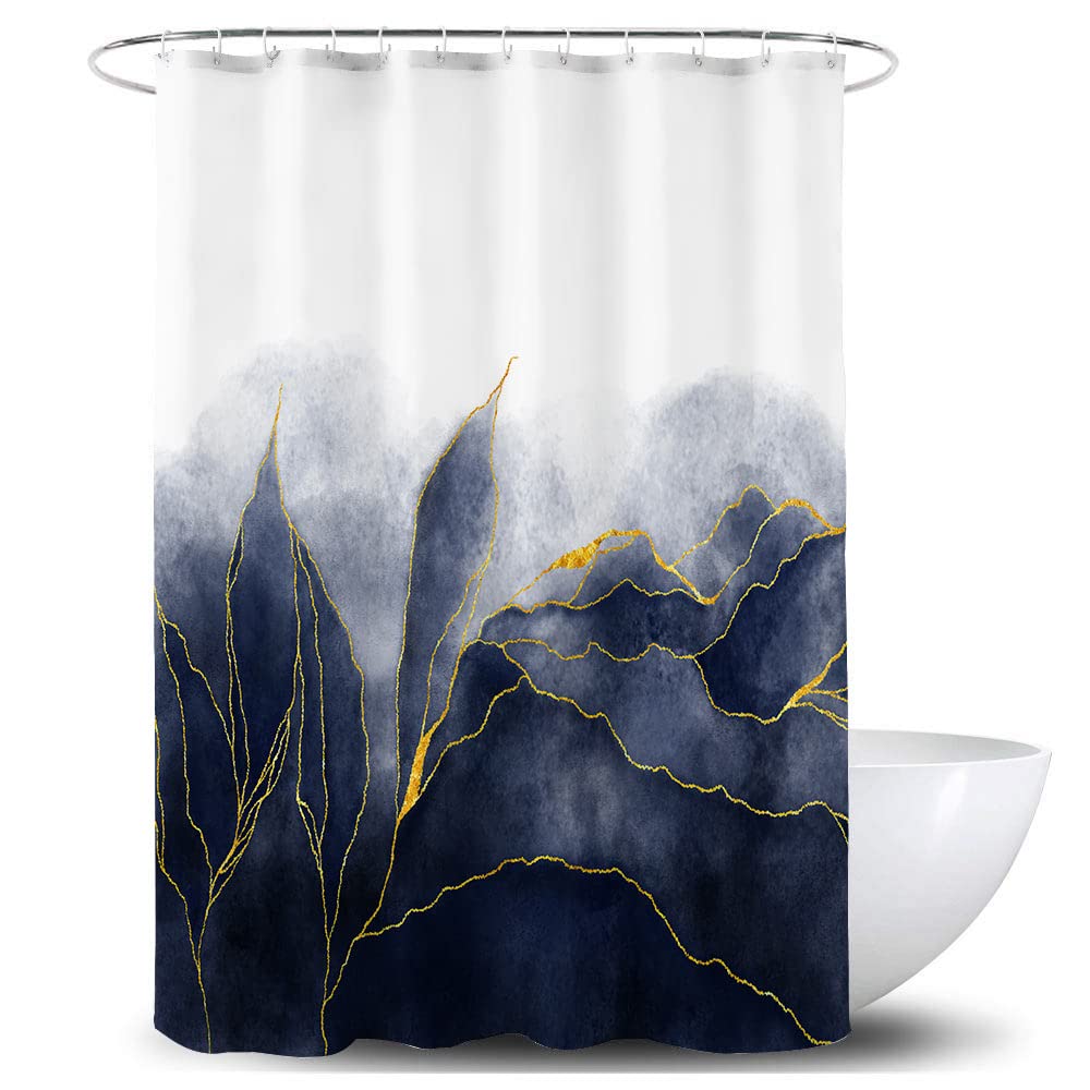 De-Mediocre Navy Blue Marble Shower Curtain Stylish Ombre Dark Blue And Gold Marble Leaves Bathroom Curtains Abstract White Gold