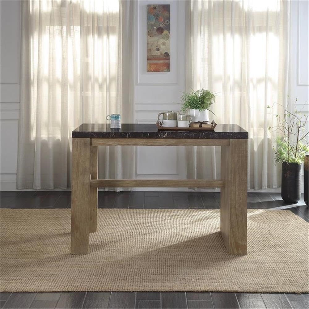 Acme Charnell Marble Top Counter Heigh Table with Storage Base in Black and Oak