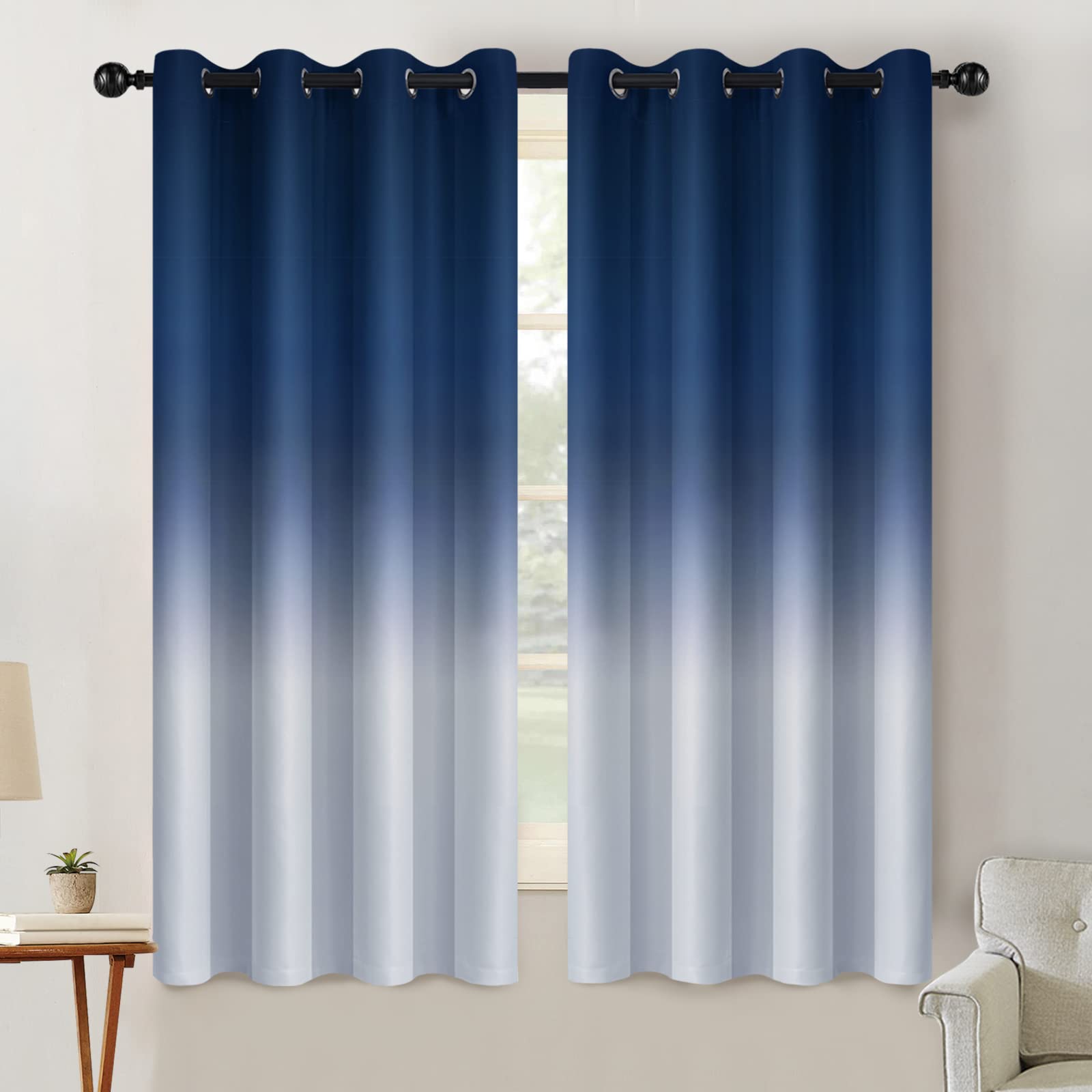 Simplehome Ombre Room Darkening Curtains For Living Room, Light Blocking Gradient Blue To Grey White Thick Thermal Insulated Gro