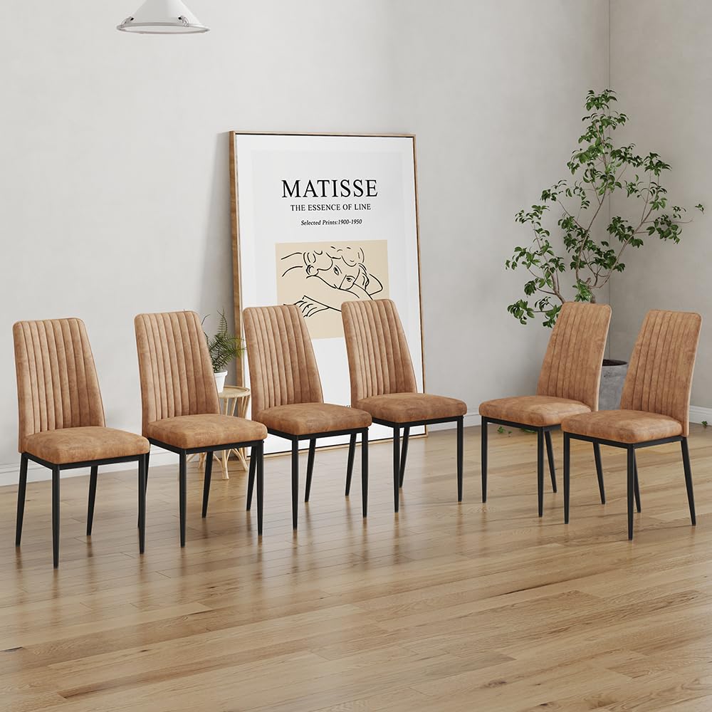 Rdueei Brown Dining Chairs Set Of 6, Comfortable Dining Room Chair, Metal Kitchen Chairs With Leathaire Fabric And High Back, Si