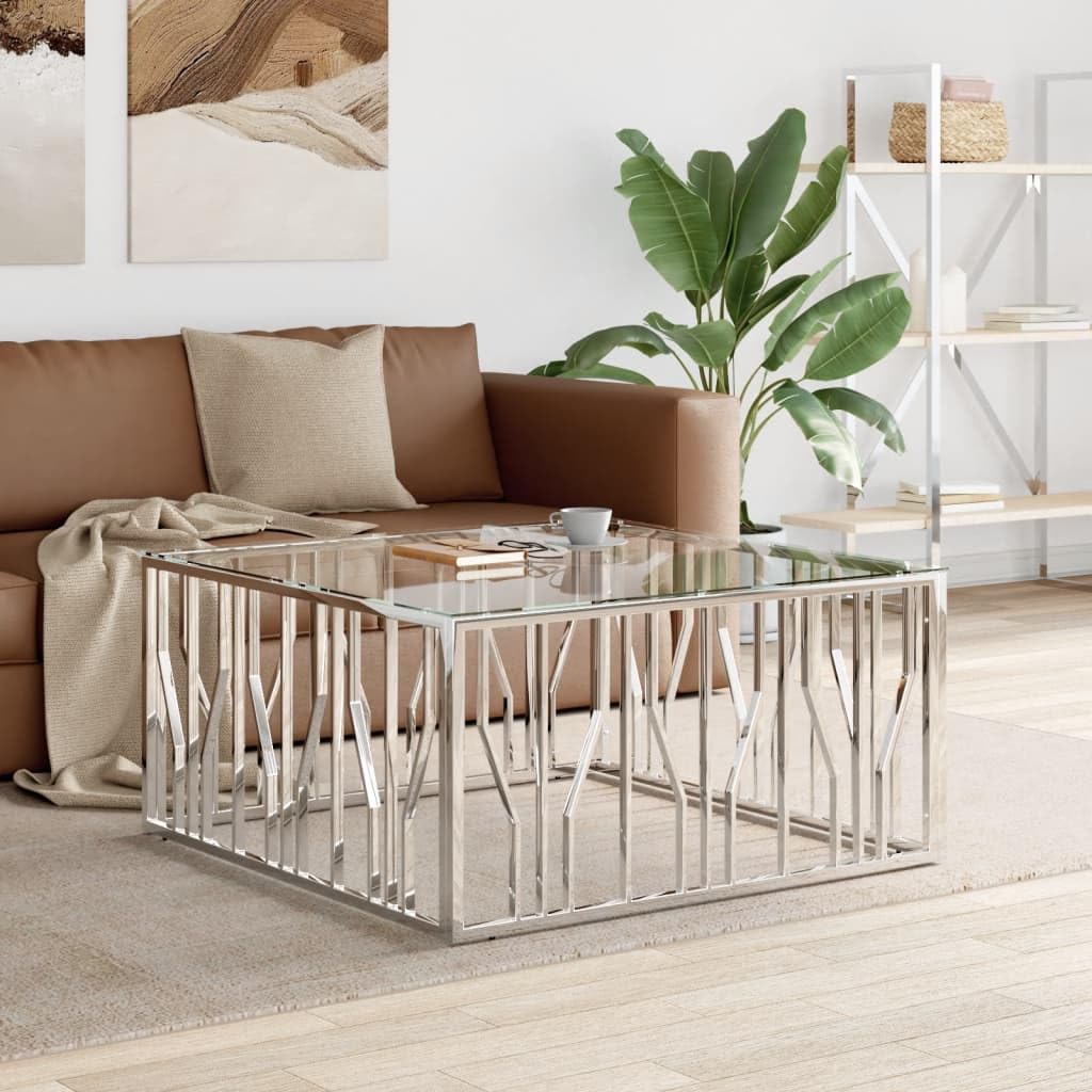 vidaXL Stainless Steel & Tempered Glass Coffee Table - Modern Silver Square Side Table for Living Room, Easy Clean 39.4"x39.4"x19.7"