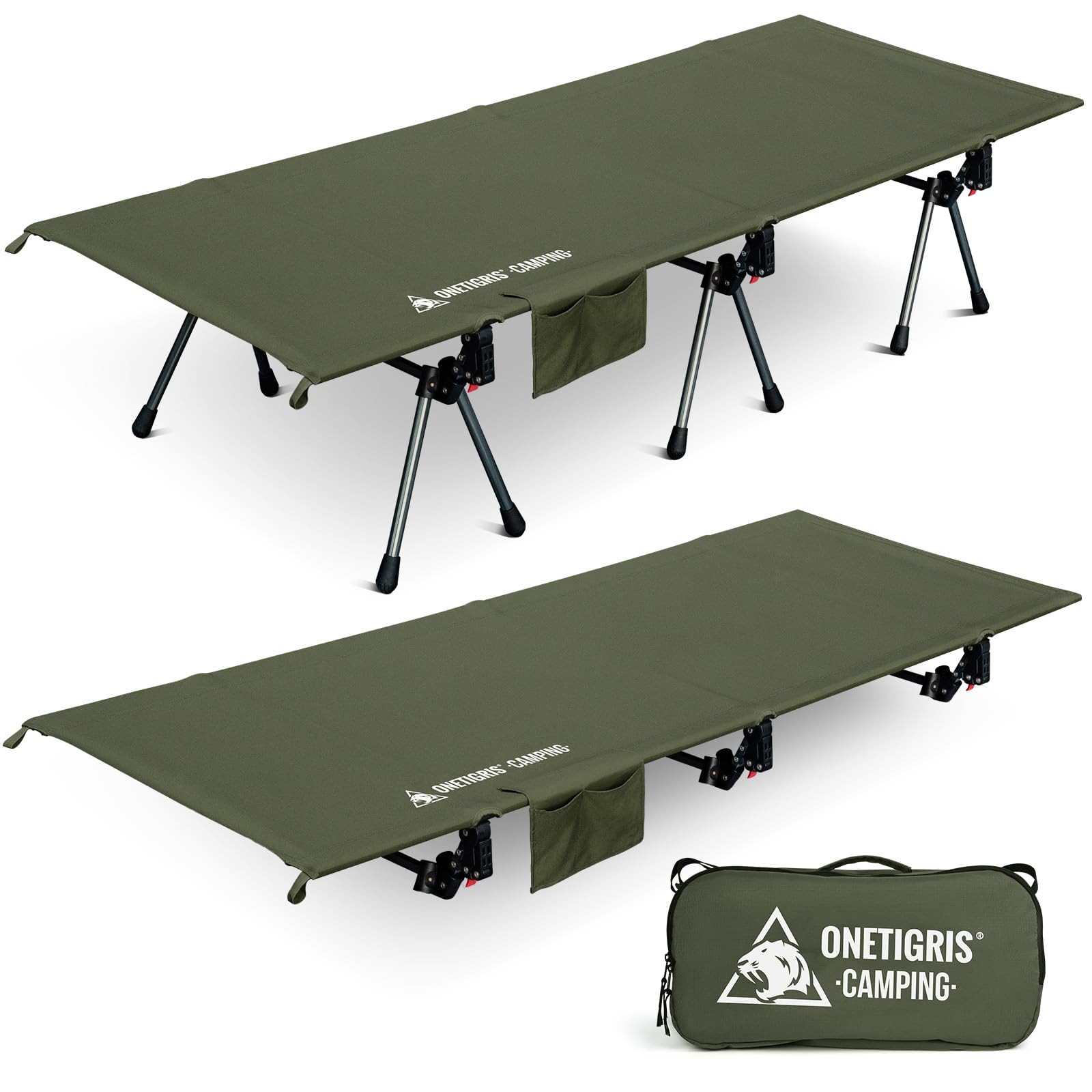 ONETIGRIS SUPRANUBIS Camping Cot, Height Adjustable with Cot Leg Extenders, Strong Support 330lbs, Lightweight Comfortable Foldi