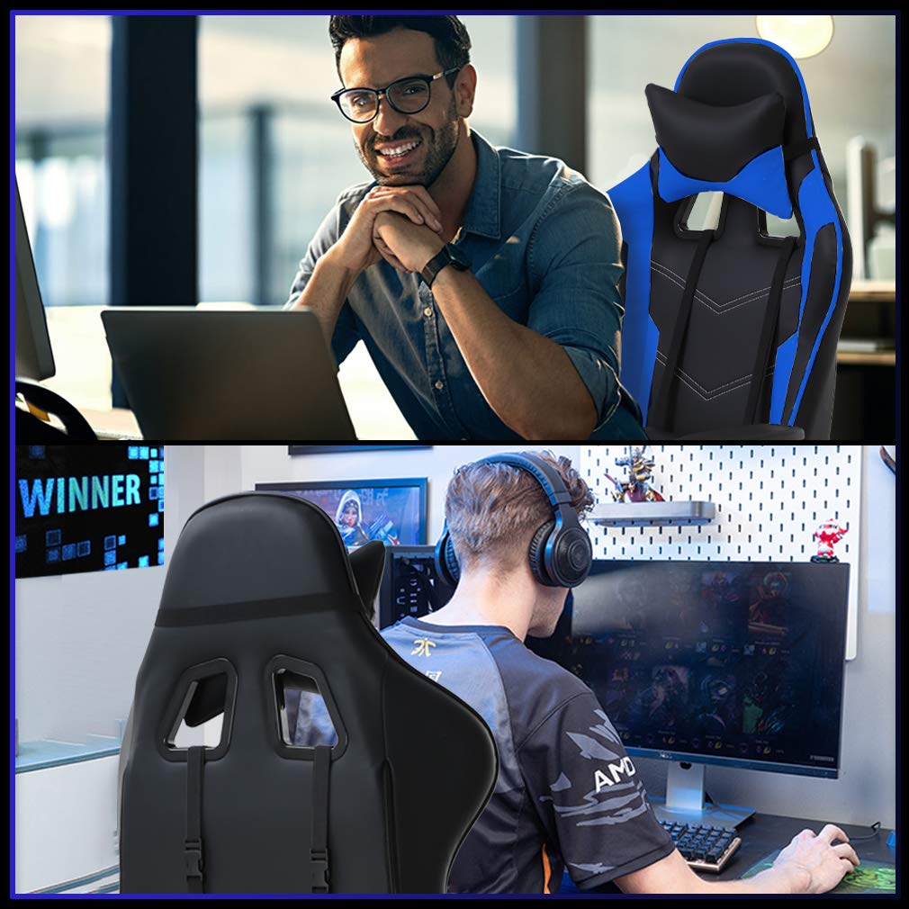 Bestoffice Gaming Chair With Footrest,Ergonomic Office Chair,Adjustable Swivel Desk Chair,Reclining Computer Lumbar Support And Headrest,Racing Style Video Gamer (Blue)