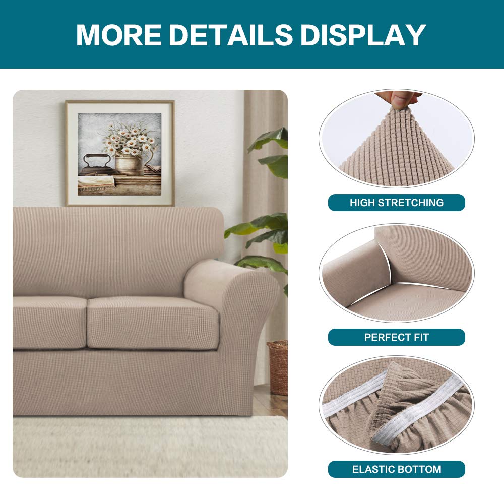 Turquoize 3 Piece Sofa Covers For 2 Cushion Couch Sofa Slipcover Soft Couch Cover For Dogs-Washable Sofa Furniture Covers With 2 Individual Cushion Covers, Thick Jacquard Fabric (Loveseat, Sand)
