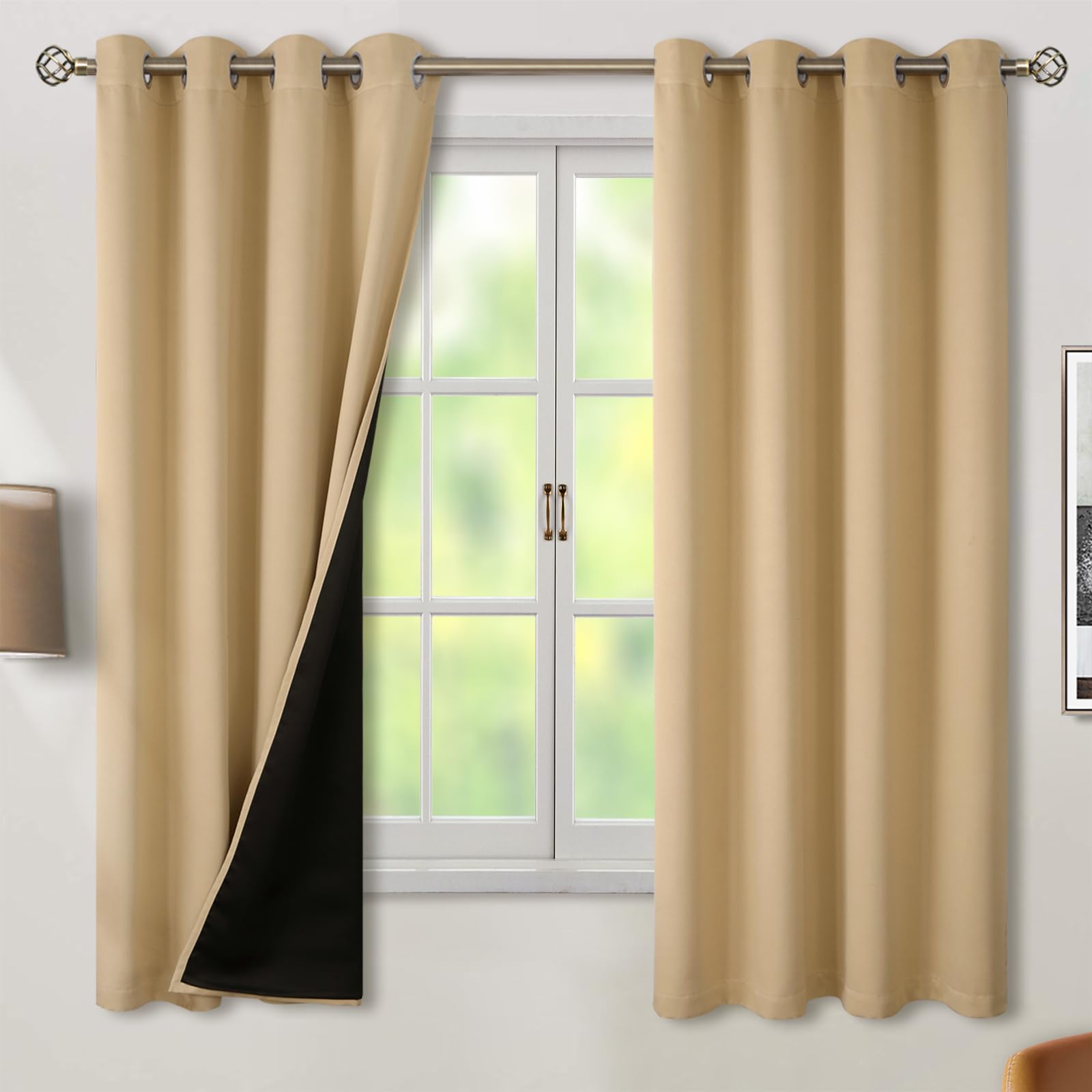 Bgment 100% Blackout Curtains For Bedroom 63 Inch Length 2 Panels Set, Thermal Insulated Full Light Blocking Grommet Noise Cance