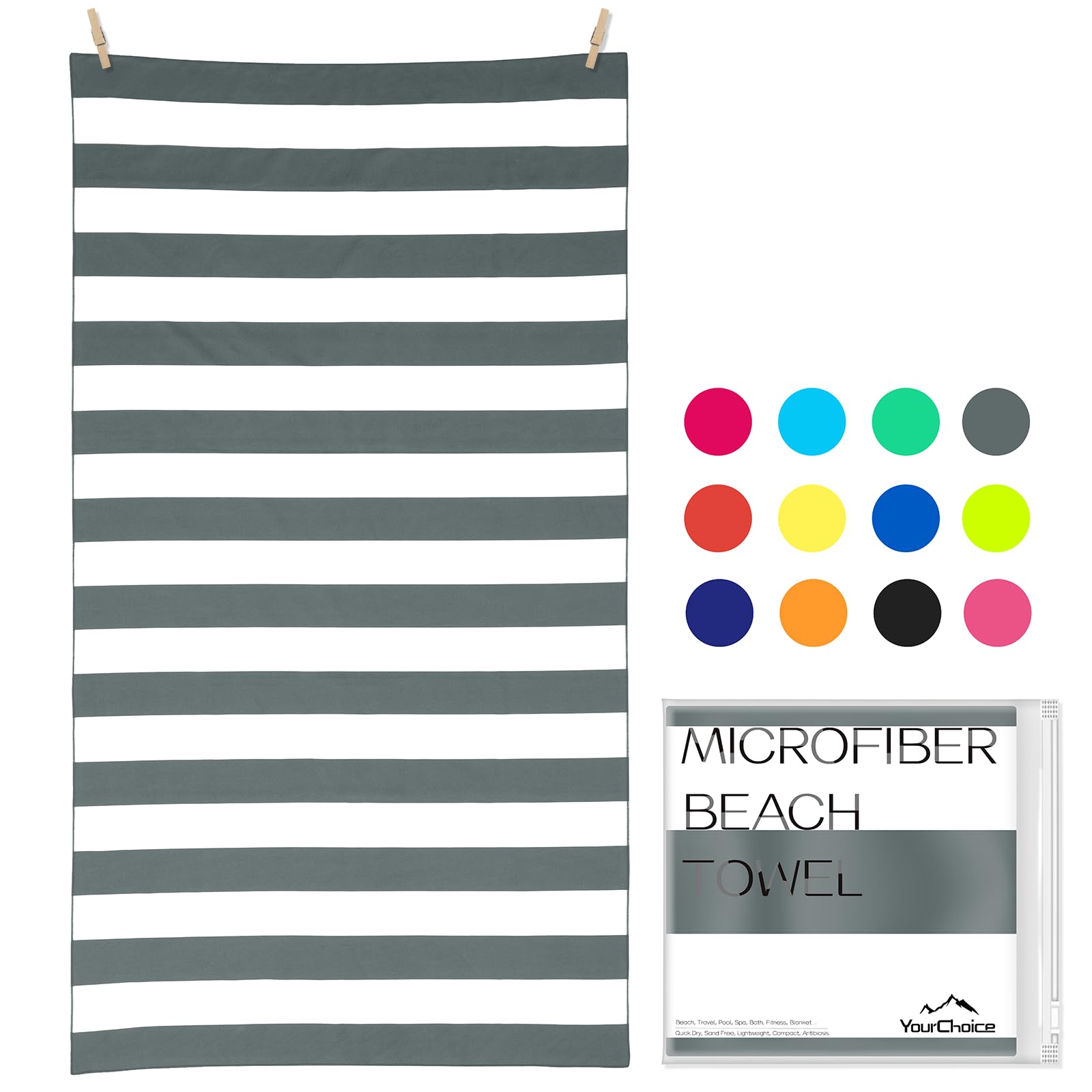 Your Choice Microfiber Beach Towels, Beach Towels for Adults, Sand Free Beach Towel Quick Dry Travel Towel Camping Towel - Gray 