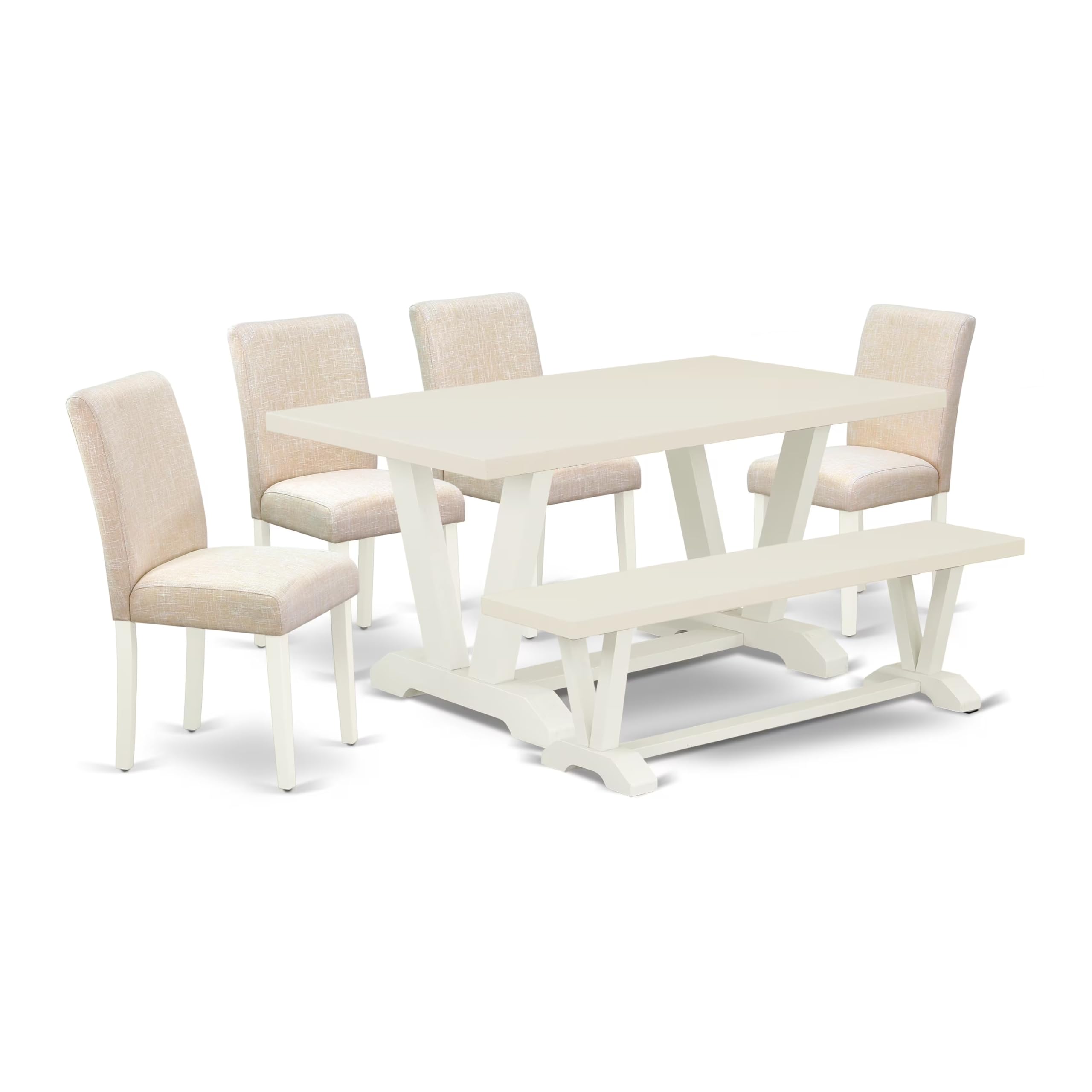 East West Furniture V026Ab202-6 6 Piece Kitchen Table Set Contains A Rectangle Dining Table With V-Legs And 4 Light Beige Linen Fabric Parson Chairs With A Bench, 36X60 Inch, Multi-Color