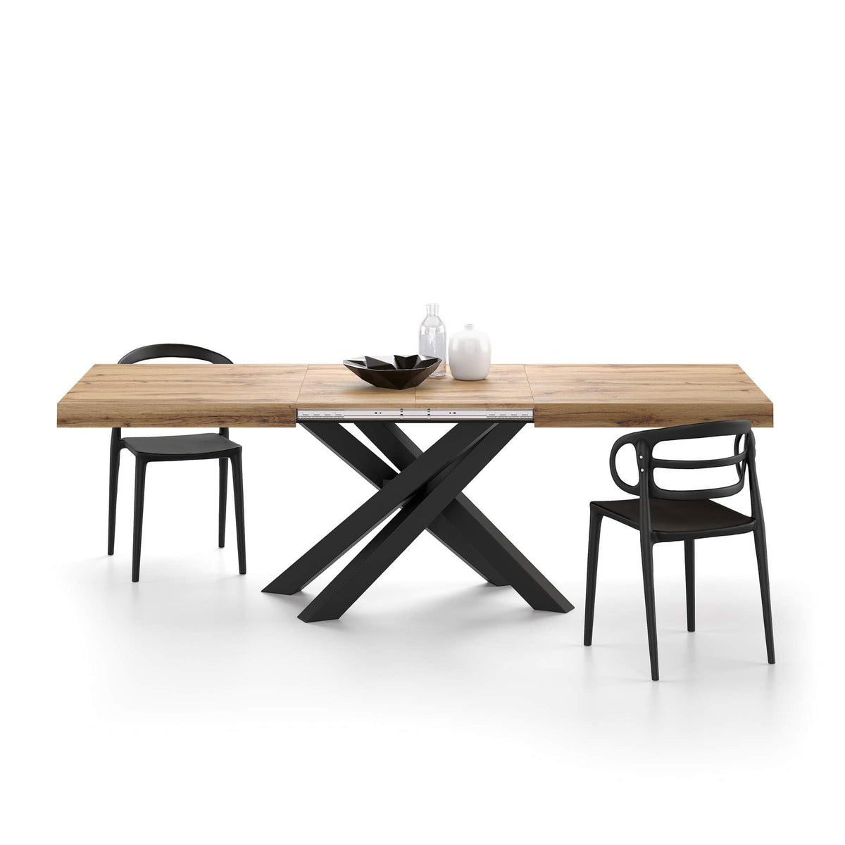 Mobili Fiver, Emma 63(94.5) X35.4 In Extendable Table, Rustic Oak With Black Crossed Legs, For 6-10 People, Expandable Dining Table For Kitchen, Living Room, Italian Furniture