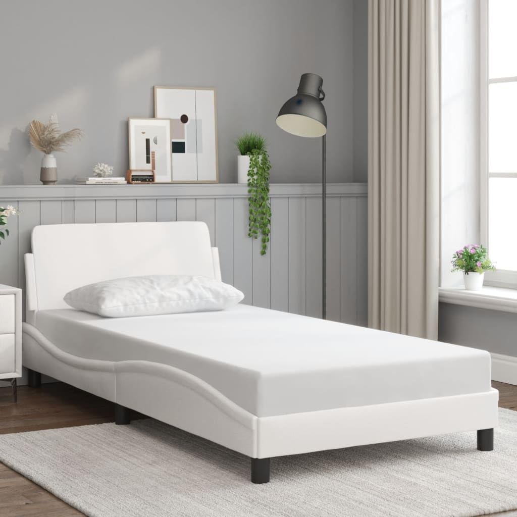 vidaXL White Faux Leather Bed Frame with Headboard 39.4x79.9 - Single Bed Plywood Slatted Base for Bedroom Elegance