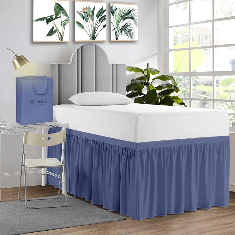 Sgi Bedding Dorm Bed Skirt Twin Xl 32 Inch Drop Length - Mediterranean Blue, Ruffled Pattern College Dorm Room Bed Skirts - Spli