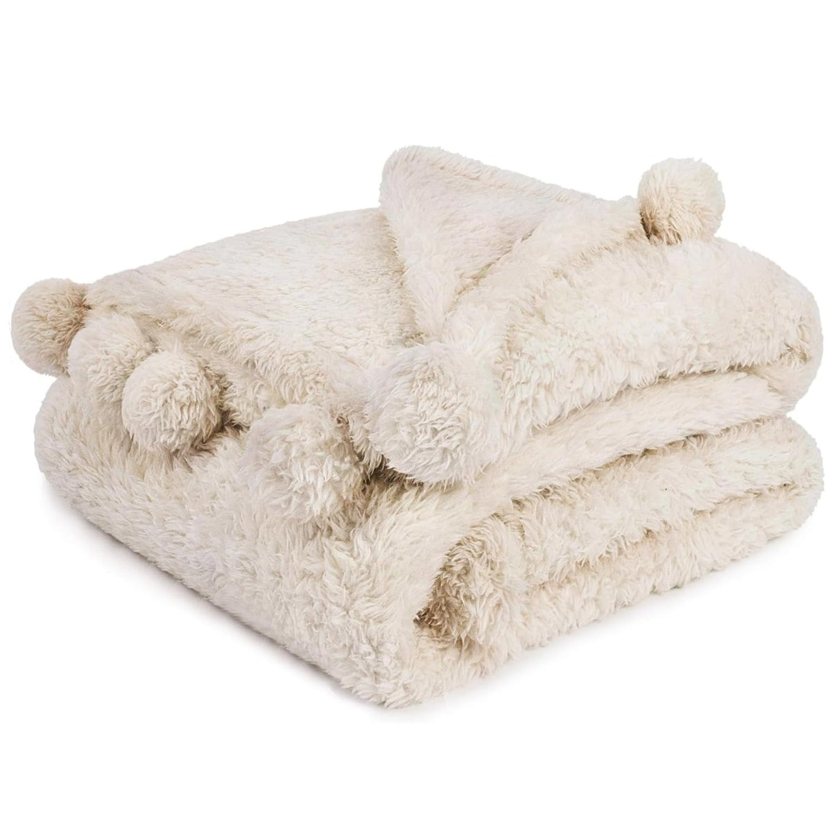 Pavilia Cream Sherpa Throw Blanket For Couch, Warm Plush Pom Pom Blanket Throw Twin, Ivory Fuzzy Sofa Blanket Throw For Bed, Lig