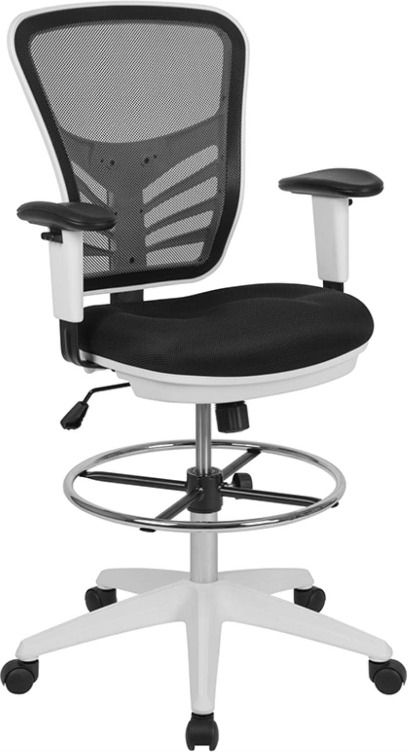 Flash Furniture Tyler Mid-Back Black Mesh Ergonomic Drafting Chair With Adjustable Chrome Foot Ring, Adjustable Arms And White Frame