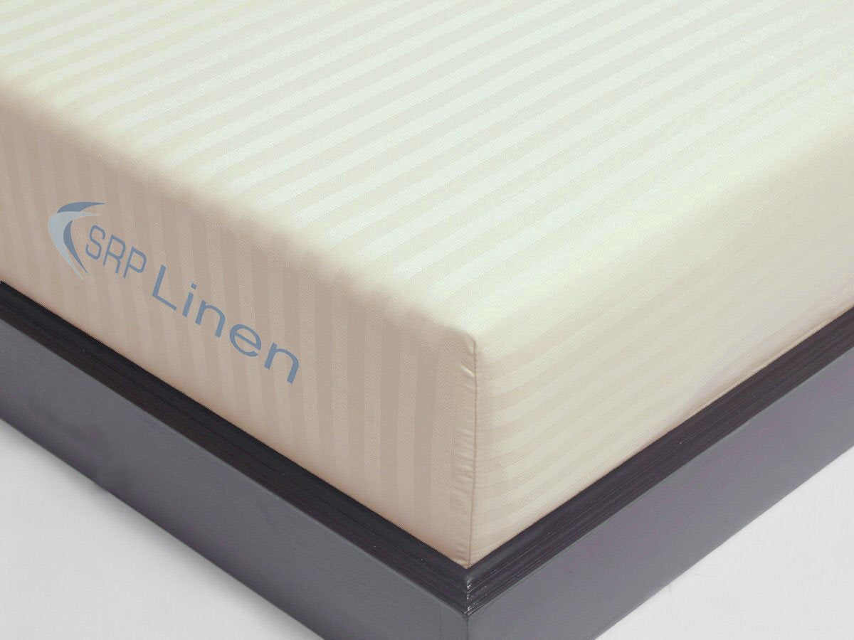 Srp Linen 1-Piece Extra Deep Pocket, Bed Fitted Sheet Fit Upto 21 Inches Deep Pocket, King Size Ivory Striped-400 Thread Count 1