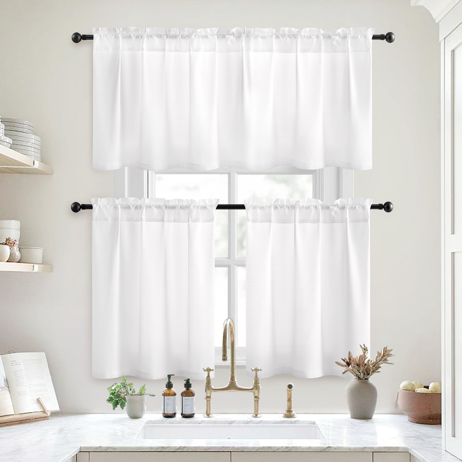 Homeideas White Kitchen Curtains 30 X 24 Inches 2 Panels Set Non-See-Through Privacy Semi Sheer Short Window Curtains Fish Bone