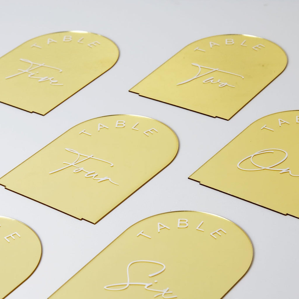 Gold Mirror Arched Wedding Table Numbers With Stands 1-10, 5X7 Inch Acrylic Arch Sign With Holder, Table Number 1-10, 5''X7'')