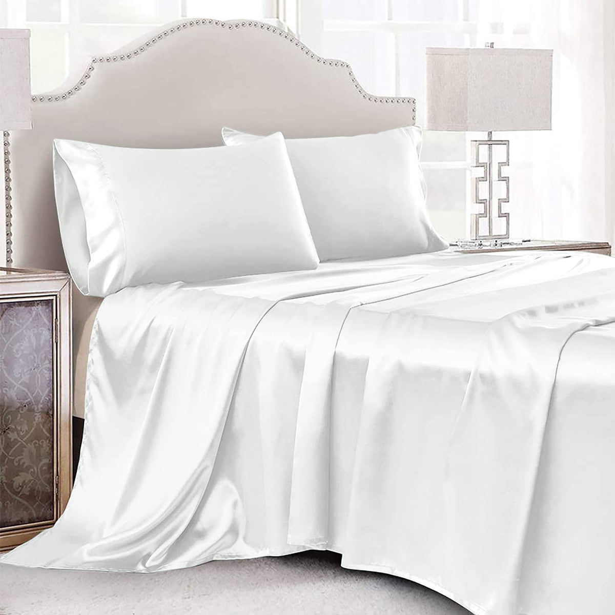 Cobedzy 4 Pieces White Satin Sheets Full Size Bed Set, Luxury Silky Satin Bedding Sheets Set With 1 Deep Pocket Fitted Sheet, 1