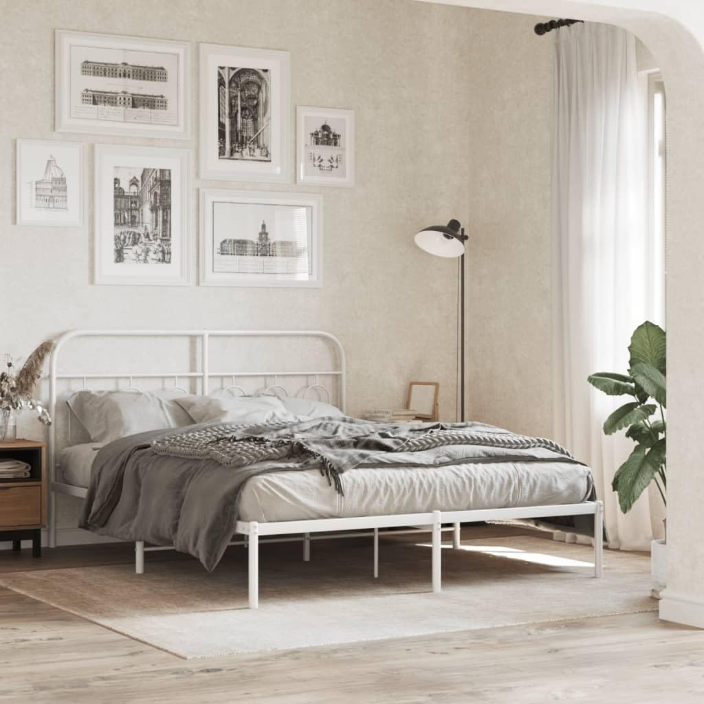 vidaXL Double Bed Frame with Headboard - Robust Metal Construction, Ample Storage, Modern Design - White, 59.1&quot;x78.7&quot;