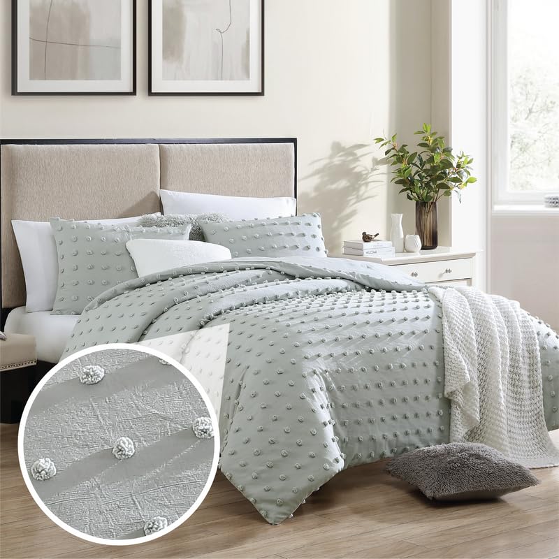 Swift Home Full/Queen Light Gray 3-Piece Down Alternative Comforter Set Bedding Pom Pom All-Season, Machine Washable