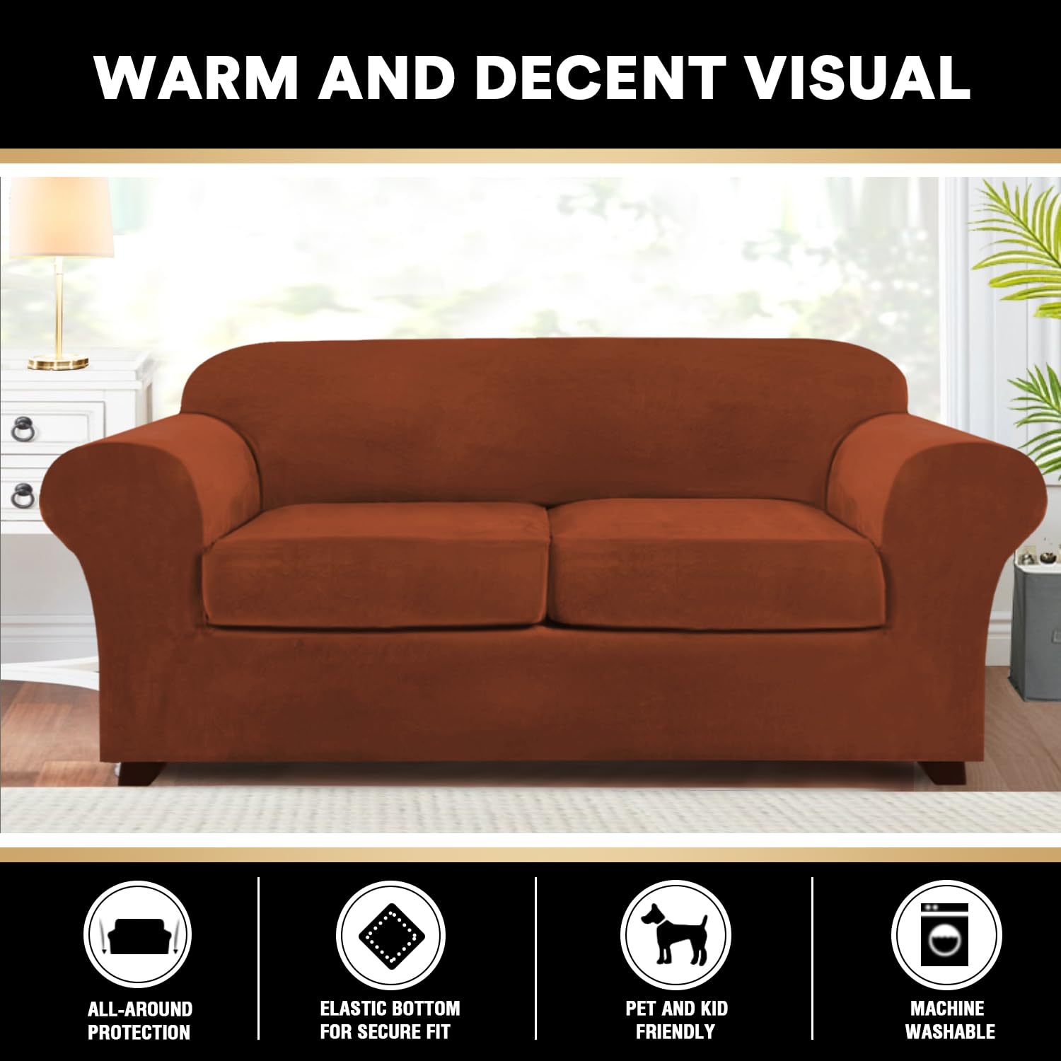 Princedeco 3 Pieces Sofa Covers Velvet Couch Covers For 2 Cushion Sofa Soft Sofa Covers For 2 Cushion Couch Width Up To 90 Inch Feature Thick Soft Stay In Plac(Medium-Large, Rust)
