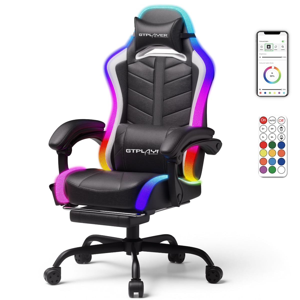 GTPLAYER Gaming Chair, Computer Chair with RGB LED Lights, High Back Ergonomic Chair for Adults with Footrest and Linkage Armres