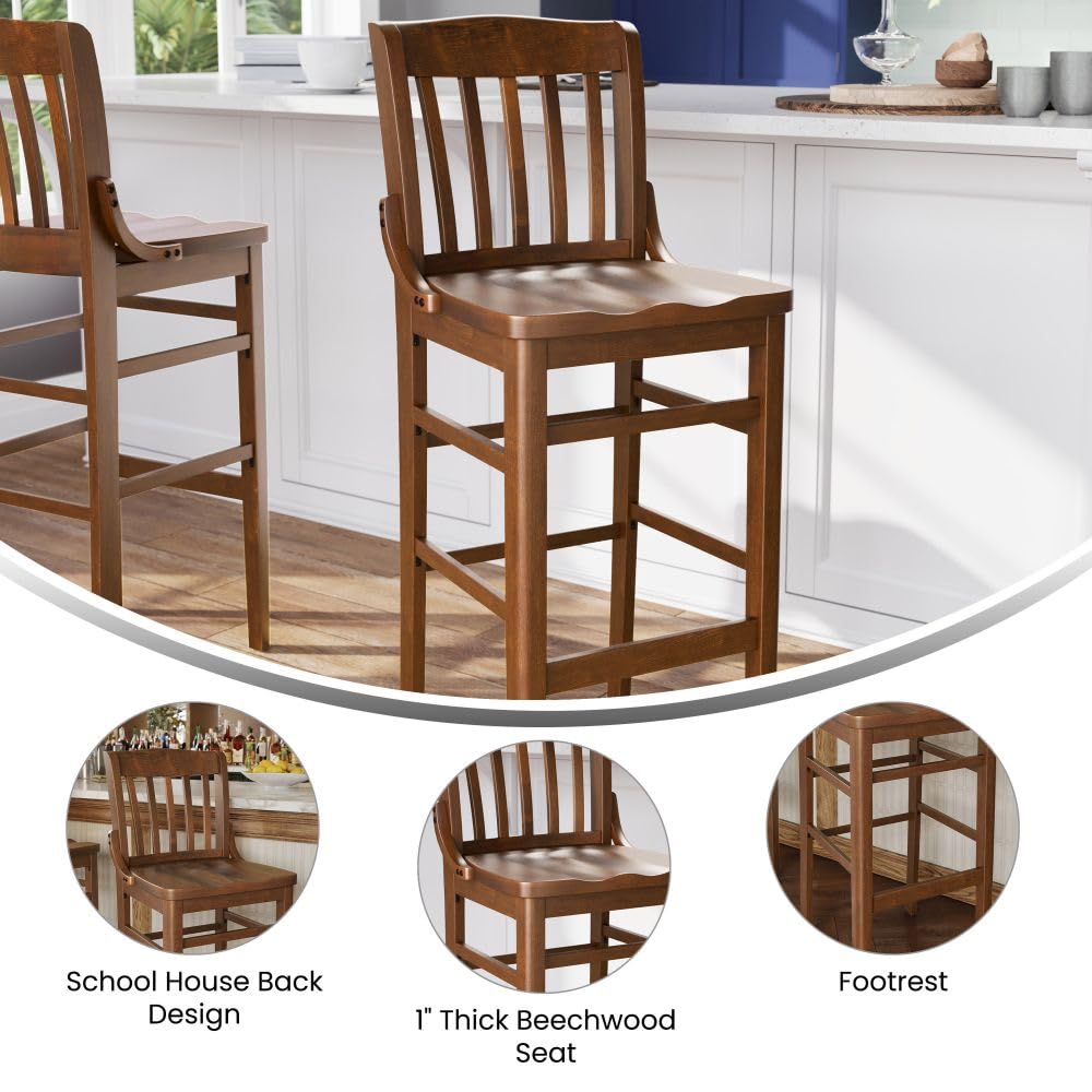 Flash Furniture Hercules Series School House Back Walnut Wood Restaurant Barstool