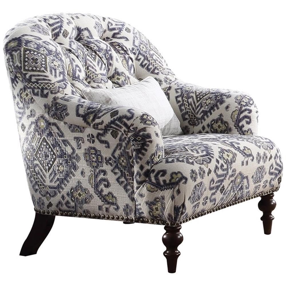 Acme Saira Tufted Accent Chair with 1 Pillow in Light Gray and Blue Fabric