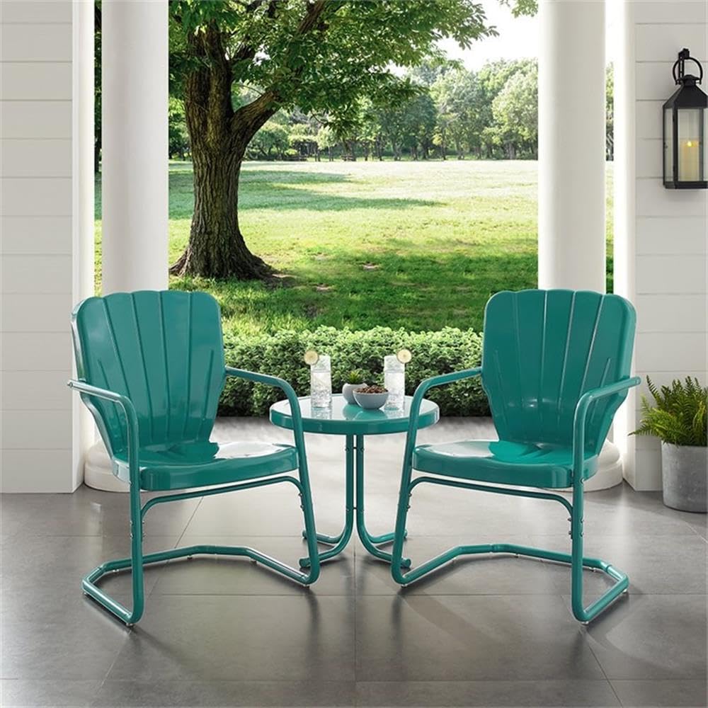 Crosley Furniture Ridgeland 3-Piece Outdoor Chair and Side Table Set, Retro Metal Bistro Patio Sets for Deck, Turquoise