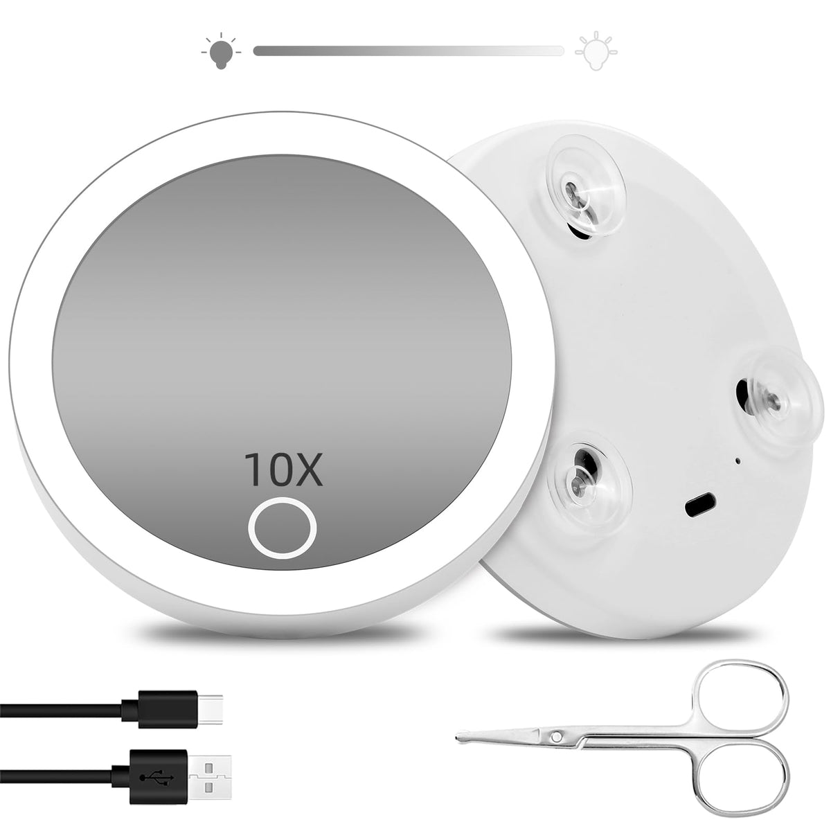 Suupvaor Magnifying Mirror with Light 10x, Small Travel Magnifying Mirror with Suction Cups, Rechargeable 4inch Lighted Dimming 