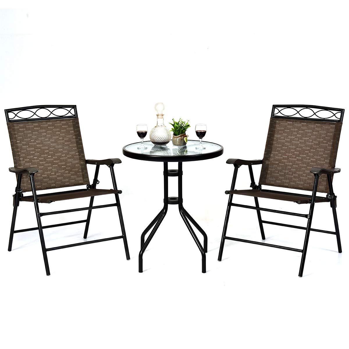 Giantex Patio Dining Set Round Glass Table With 2 Patio Folding Chairs, Outdoor Table And Chairs For Garden, Pool, Backyard, Tempered Glass Tabletop With Umbrella Hole (Brown)