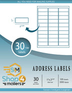Shop4Mailers 30-Up White Permanent Self Adhesive Shipping Labels 1    X 2 5/8    Easy Peel Stickers For Laser & Inkjet Printers