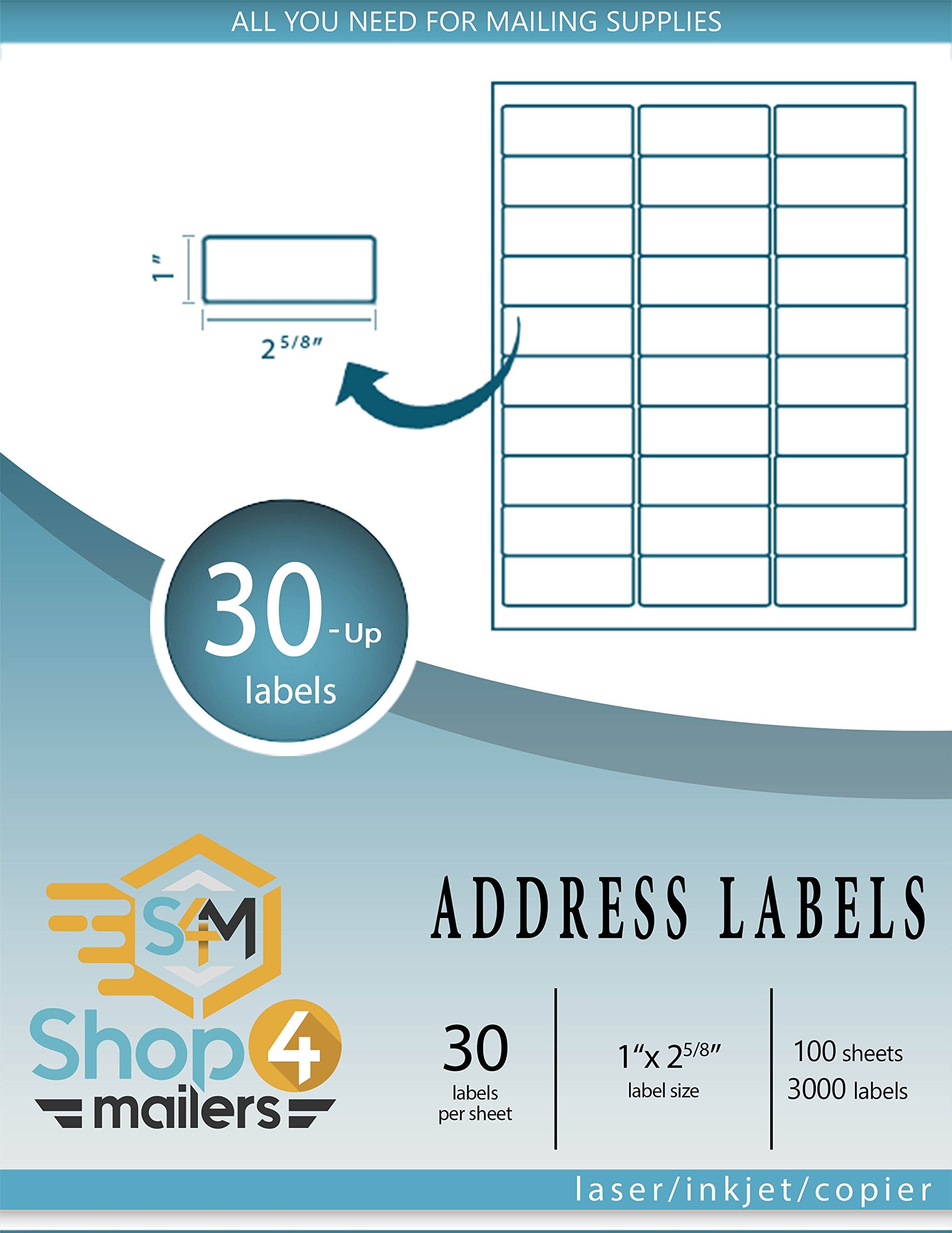 Shop4Mailers 30-Up White Permanent Self Adhesive Shipping Labels 1    X 2 5/8    Easy Peel Stickers For Laser & Inkjet Printers