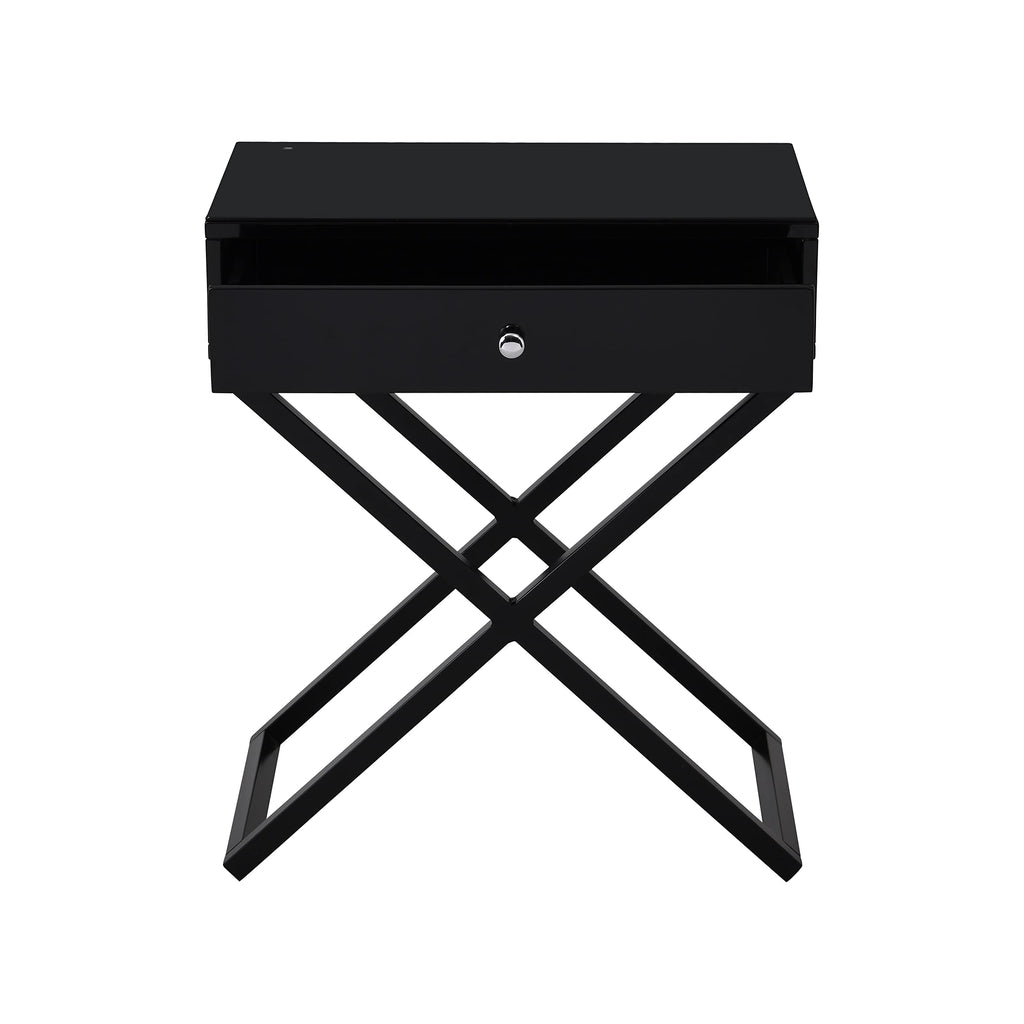 Lilola Home Koda Black Wooden End Side Table Nightstand with Glass Top, Drawer and Metal Cross Base