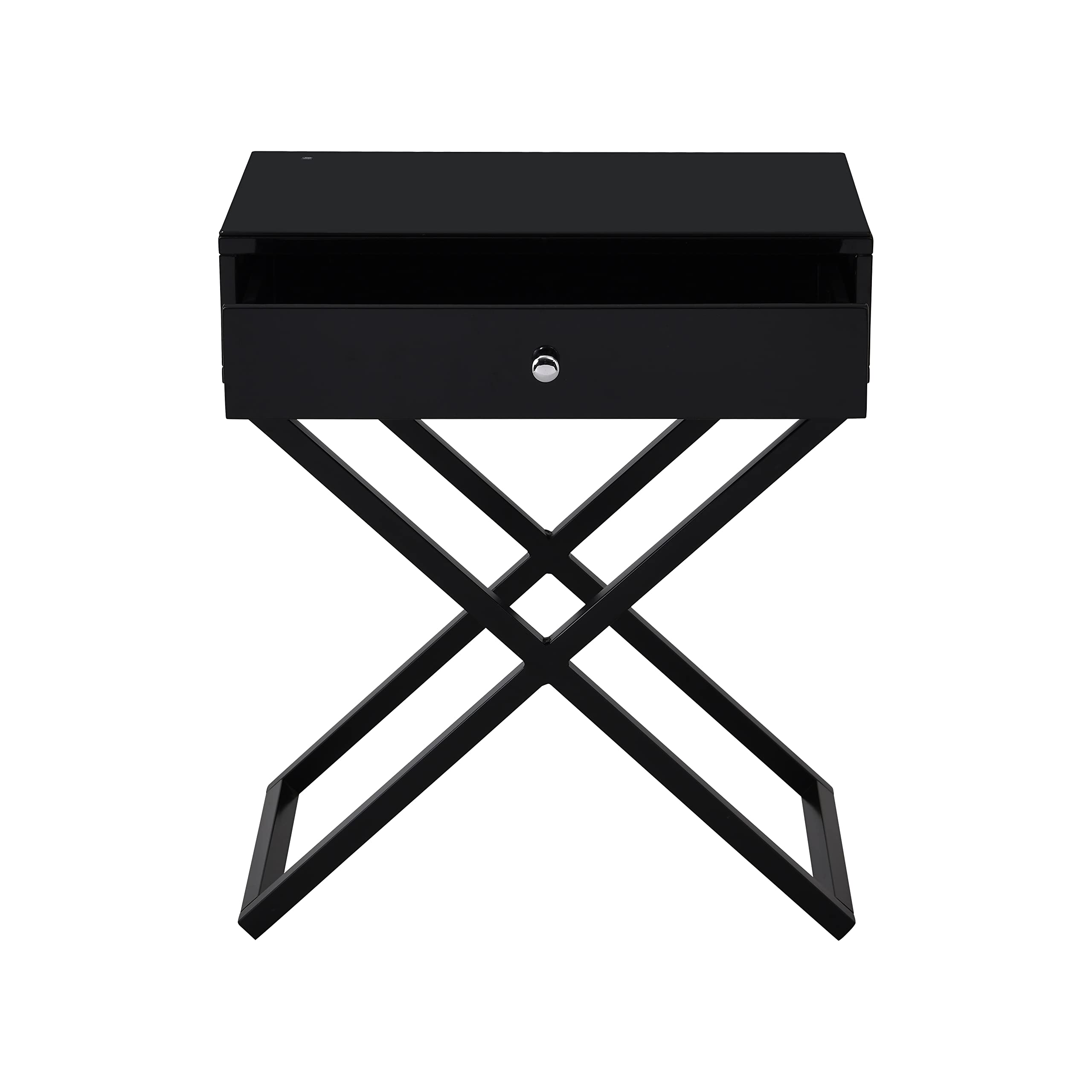 Lilola Home Koda Black Wooden End Side Table Nightstand with Glass Top, Drawer and Metal Cross Base