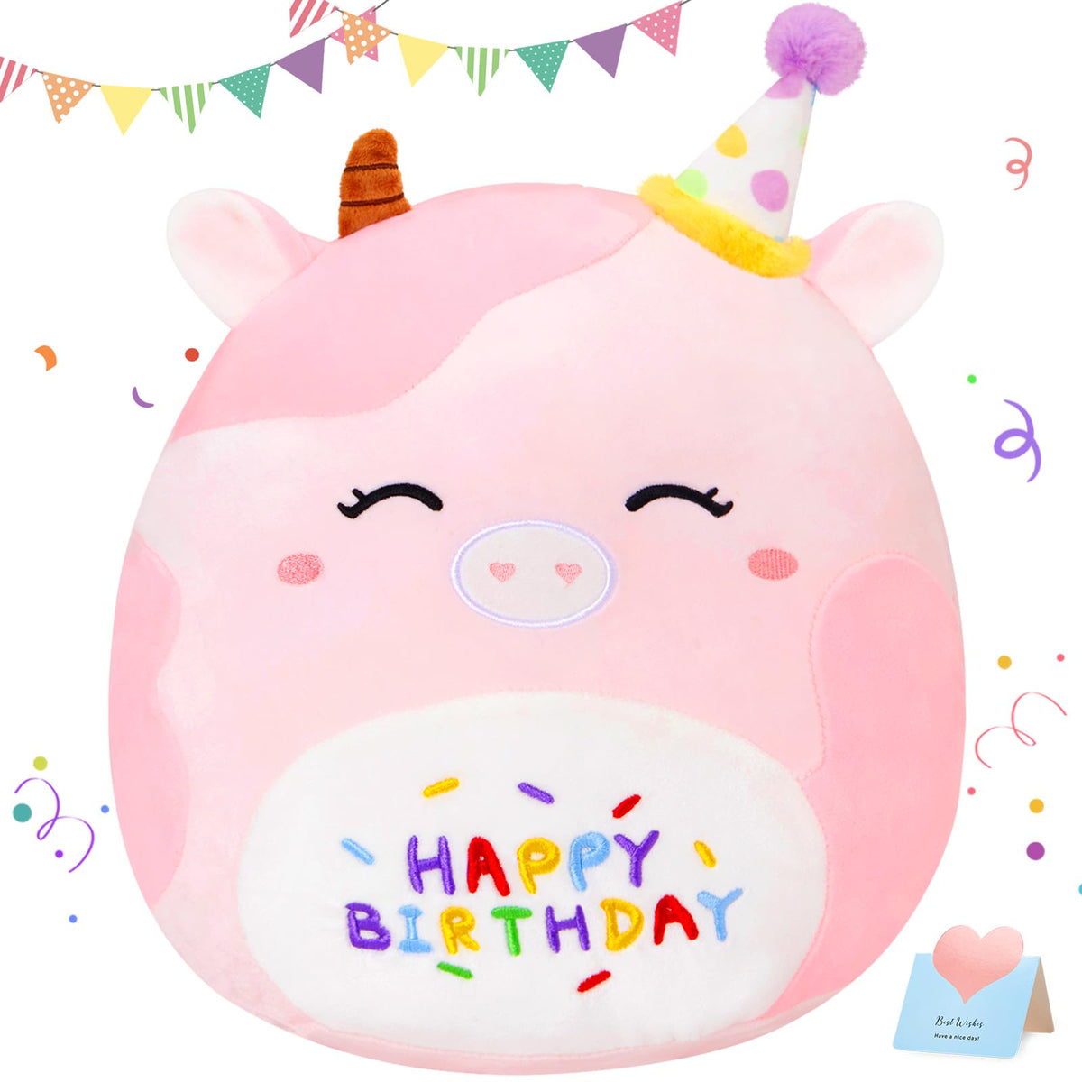 Cozyworld 14 ' Birthday Cow Plush Pillow,Pink Dairy Cow Stuffed Animal Soft Plush Toy,Cute Plushie Doll Gifts For Kids & Birthd