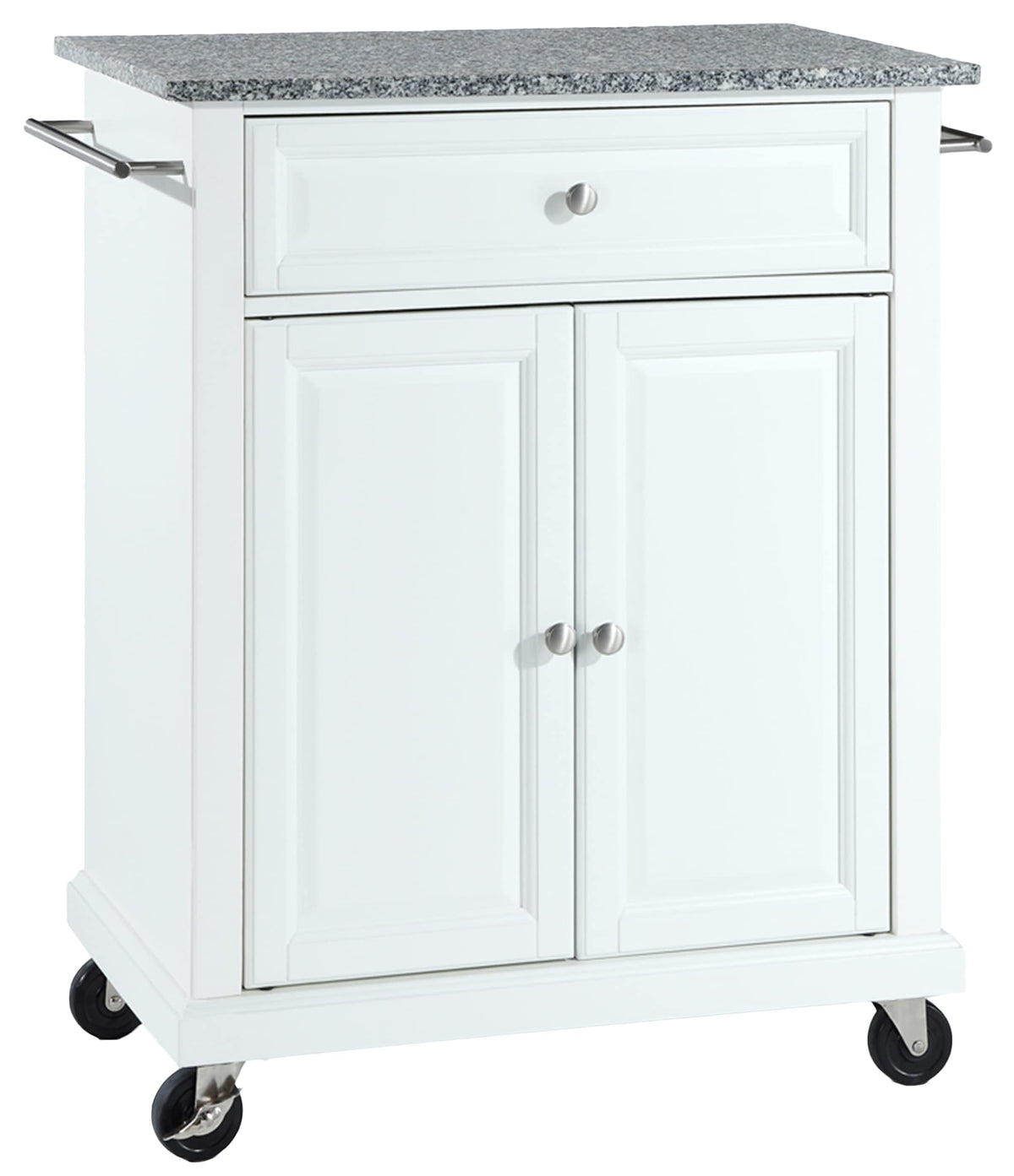 Crosley Furniture Compact Granite Top Small Rolling Cart with Shelves, Microwave Stand with Towel Rack, White