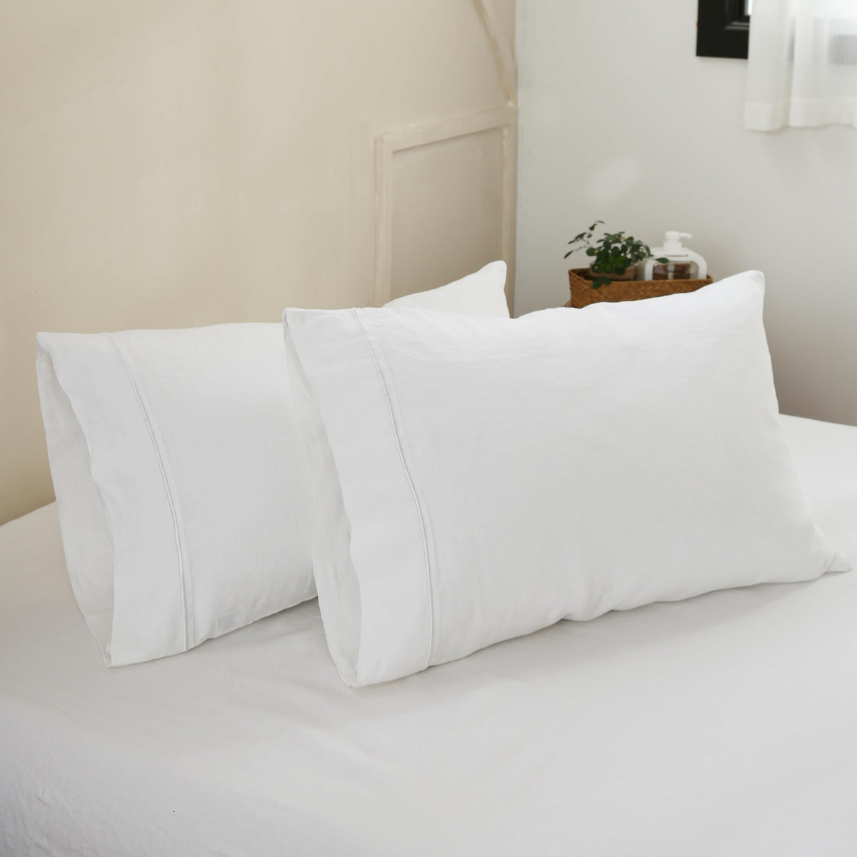 King Linens 100% French Linen Pillowcases With Embroidery - Pack Of 2 - Washed Solid Color Natural Flax Soft Breathable - White,