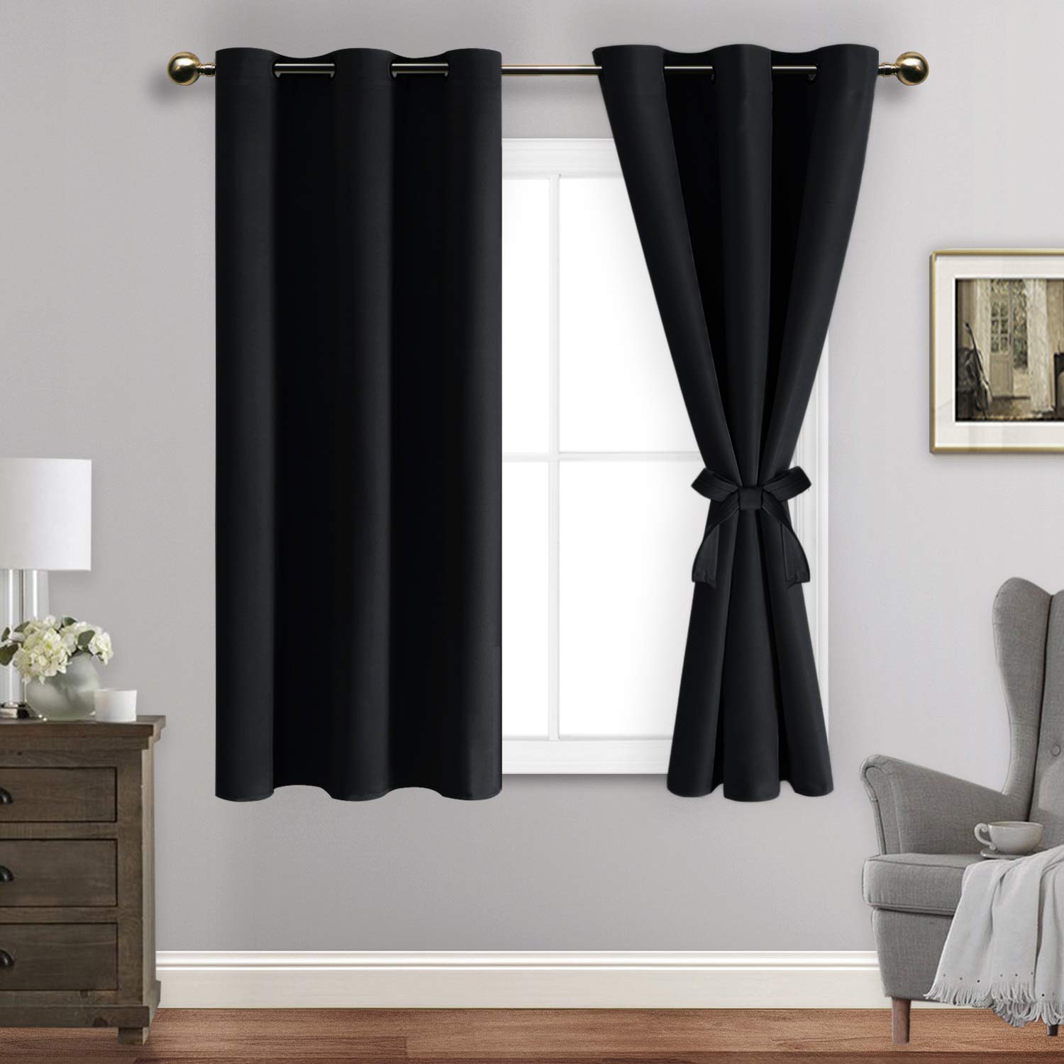 Jiuzhen Black Blackout Curtains With Tiebacks - Thermal Insulated, Light Blocking And Noise Reducing Grommet Curtain Drapes For Bedroom And Living Room, Set Of 2 Panels, 42 X 54 Inch Length