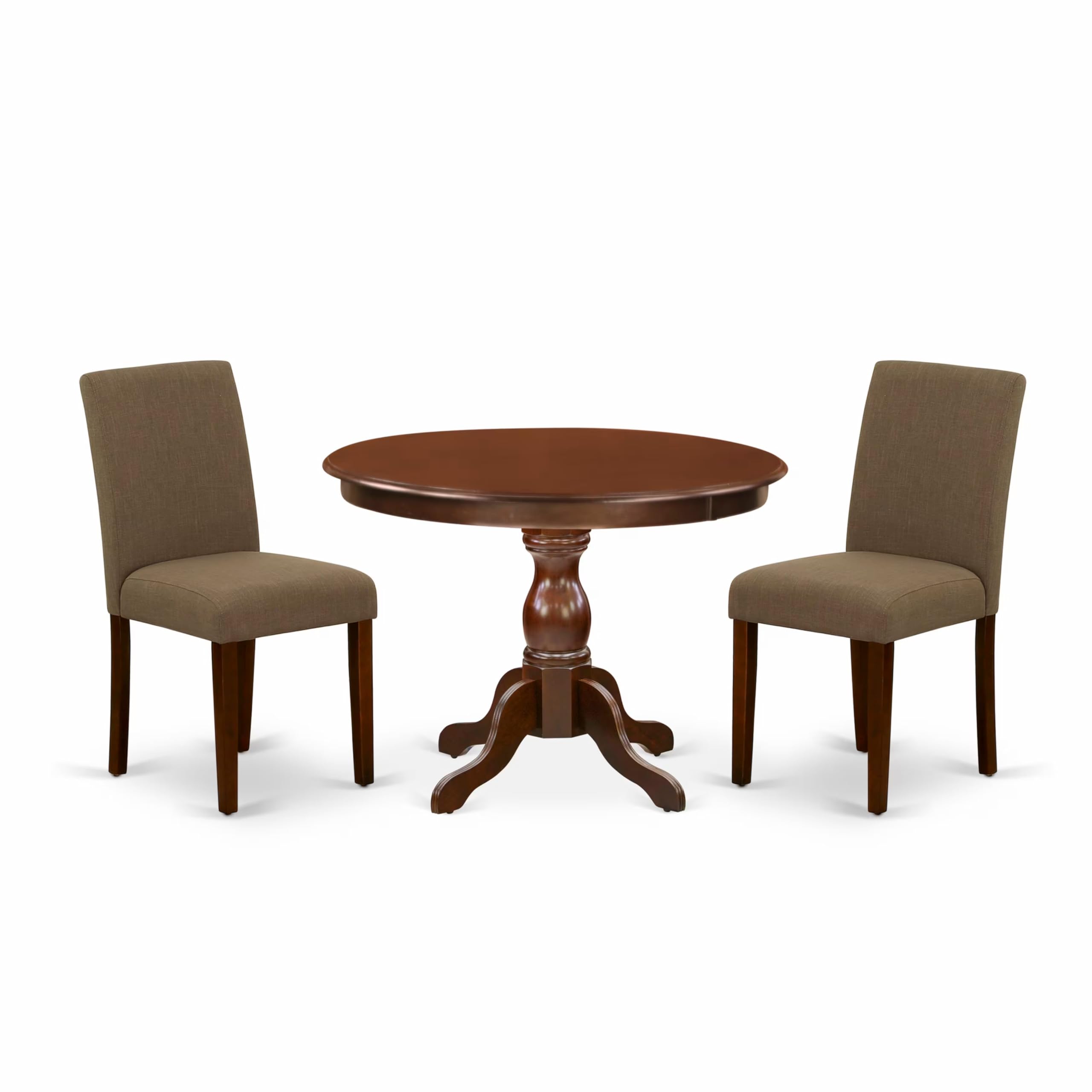 East West Furniture HBAB3-MAH-18 3 Piece Dining Room Table Set Contains a Round Kitchen Table with Pedestal and 2 Coffee Linen Fabric Parson Dining Chairs, 42x42 Inch, Mahogany