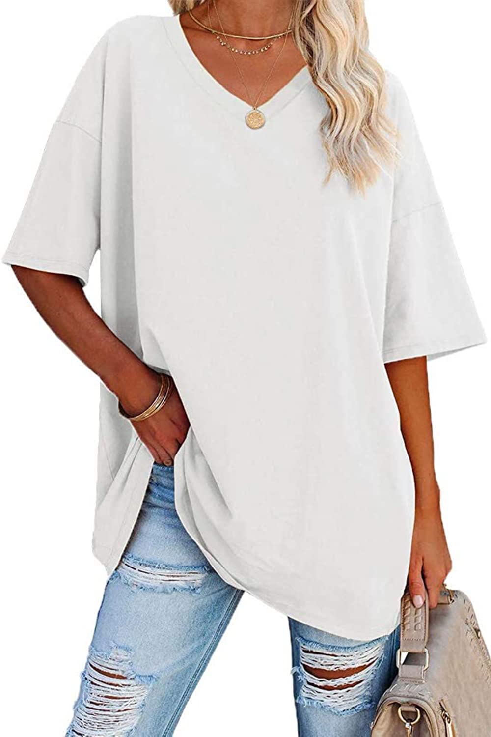 Ebifin Womens Oversized T Shirts Tees Half Sleeve V Neck Comfy Cozy Cotton Tunic Tops